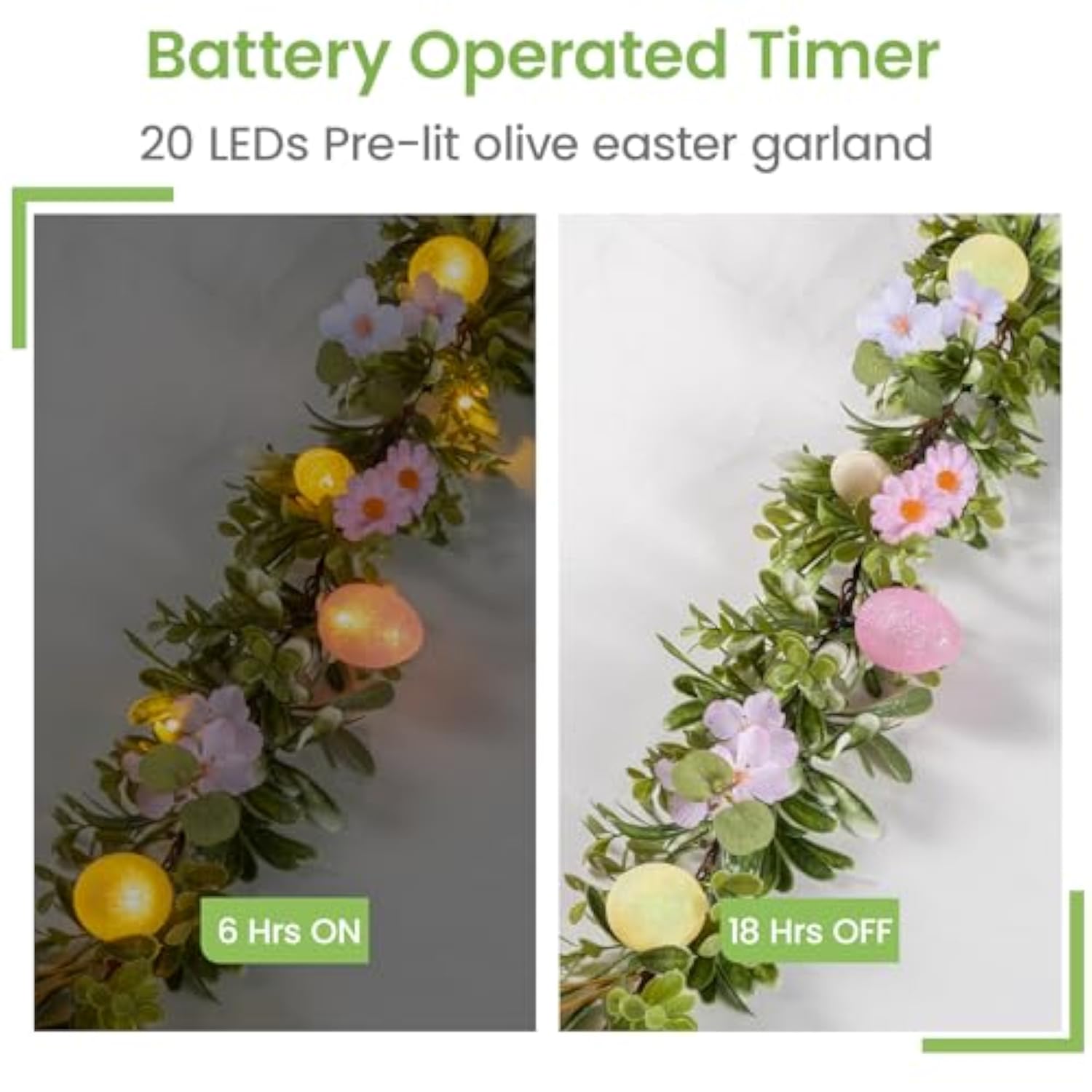 6 Ft Pre-Lit Easter Garland With 20 Led Lights & 8 Mode Timer, Lighted Pastel Easter Egg Garland For Mantle Decorations, Olive Spring Garland With Artificial Egg & Flower For Fireplace Table Holiday