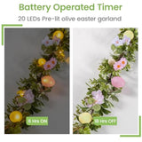 6 Ft Pre-Lit Easter Garland With 20 Led Lights & 8 Mode Timer, Lighted Pastel Easter Egg Garland For Mantle Decorations, Olive Spring Garland With Artificial Egg & Flower For Fireplace Table Holiday