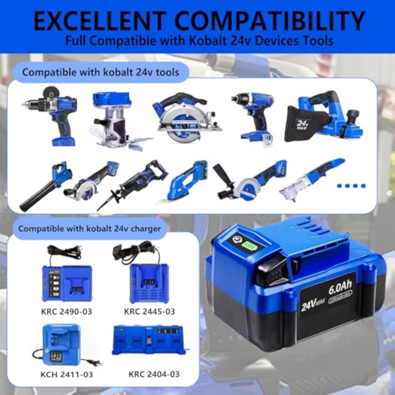 2-Packs 6.0Ah Replace For Kobalt 24V Battery Compatible With Kobalt 24Volt Battery Kb624-03 Kb524-03 Kb424-03 Kb224-03 Cordless Power Tools