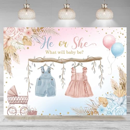Boho Gender Reveal Backdrop Baby Shower He or She Banner Blue and Pink Cute Clothes Baby Gender Reveal Background Party Decorations Supplies Cake Table Banner 82.7x59.1 inch
