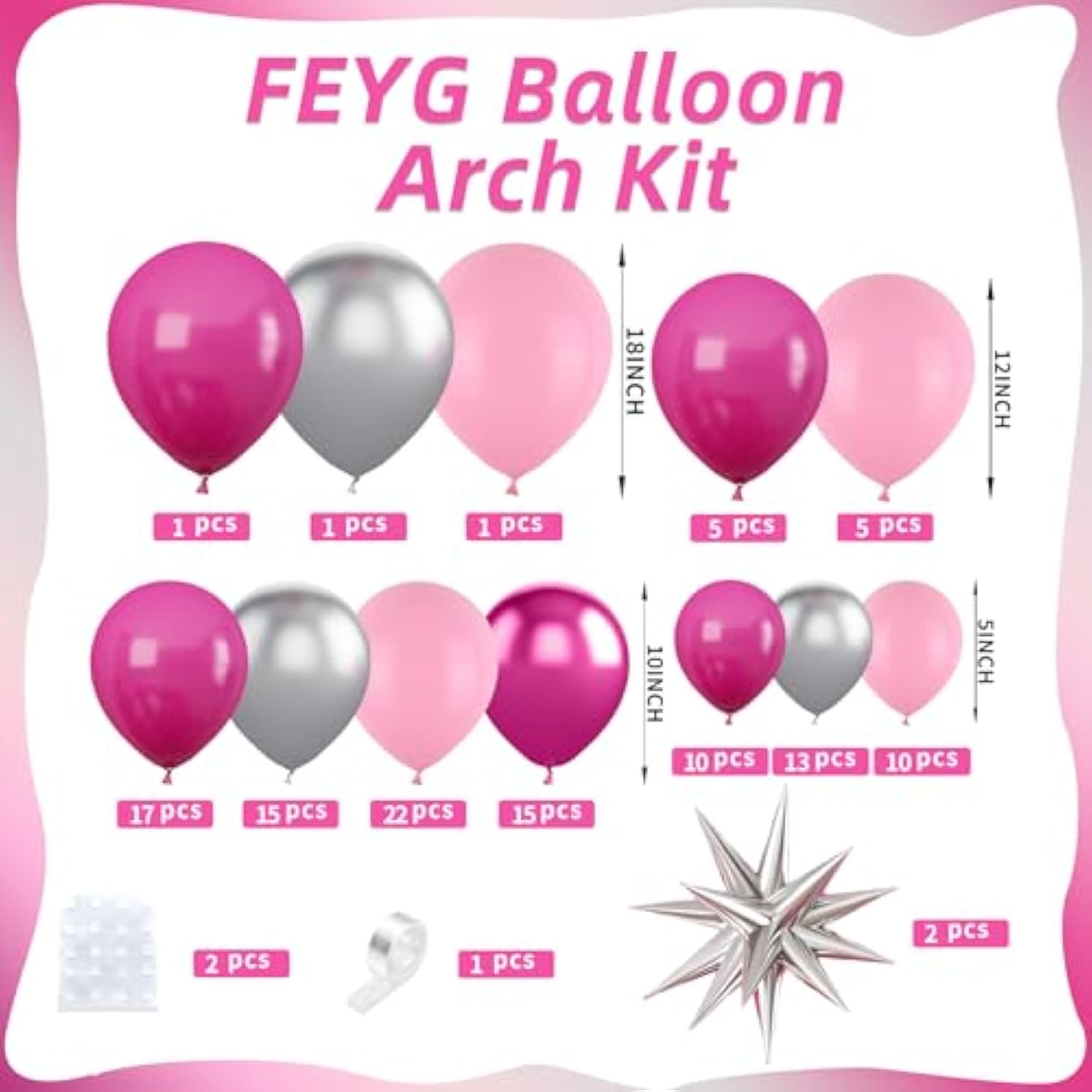 Pink & Silver Balloon Arch Kit: 4D Star Balloons, Princess Party Decor