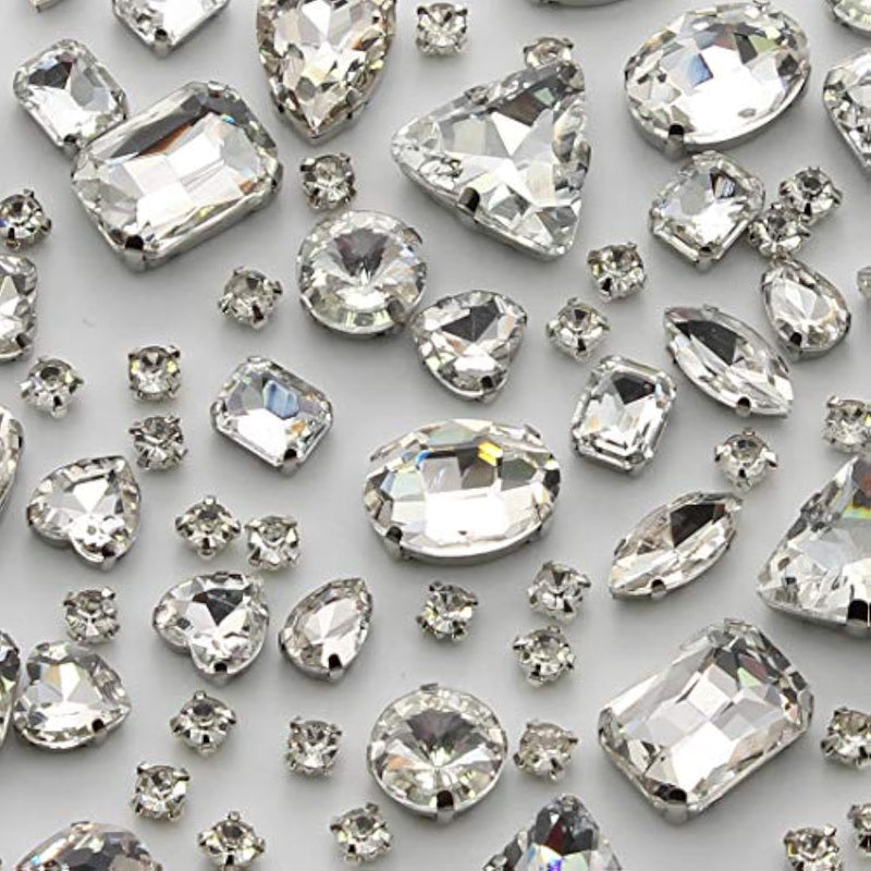 Sew On Rhinestones 100 Pcs Mixed Shapes Glass Rhinestones Sew On Crystal Gems Mental Flatback With Silver Claw For Jewelry Crafts Clothes Shoes Costume Garment White