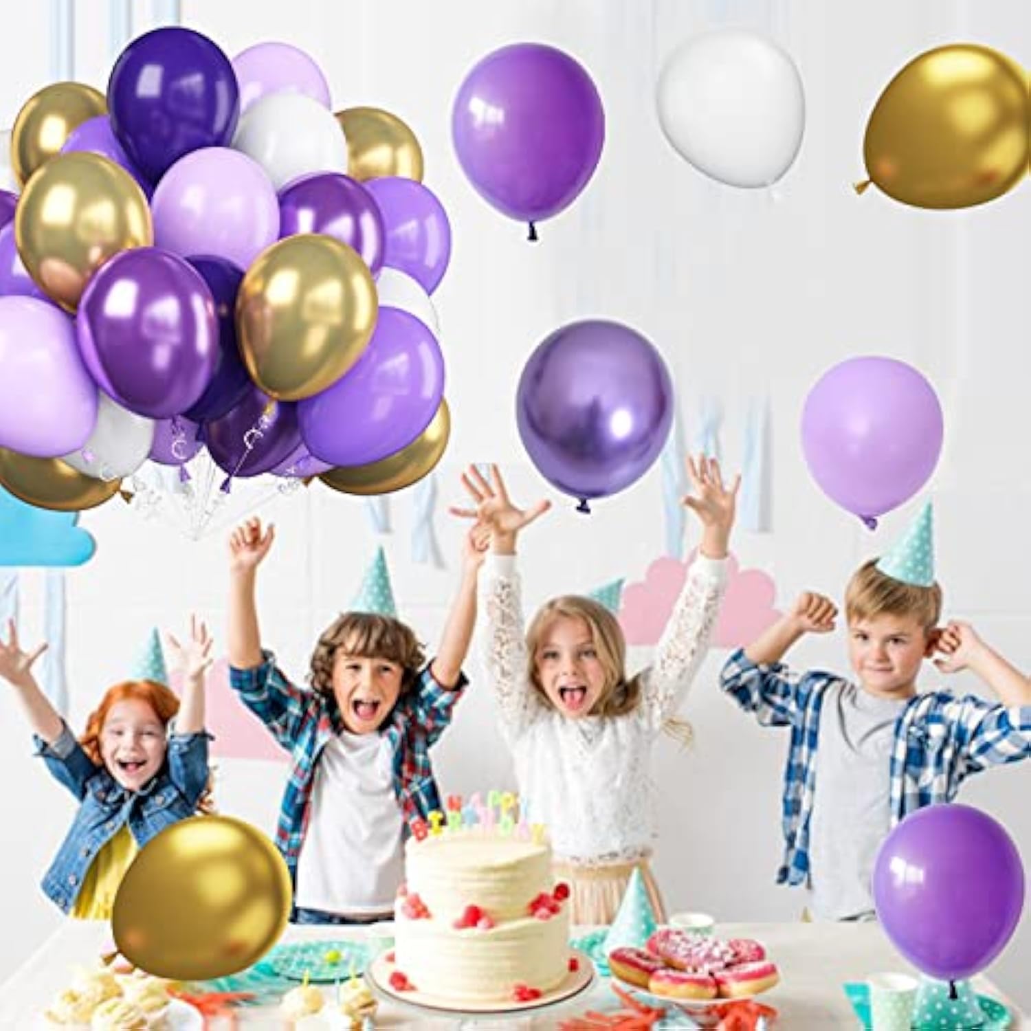 Purple And Gold Balloons, 50Pcs 12 Inch Purple Gold White Balloons Metallic Purple Balloons Pastal Purple White Balloons For Purple Birthday Decorations Shower Princess Theme Party Decorations