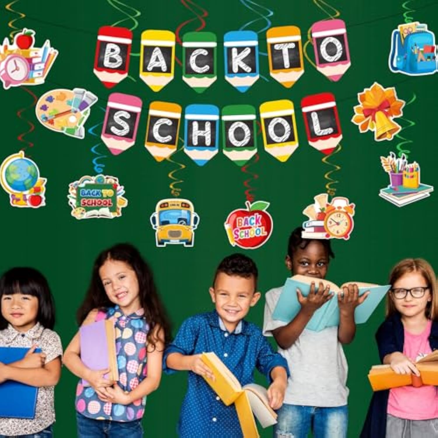 21Pcs Back to School Decor with Banners, Hanging Swirls and Cake Topper