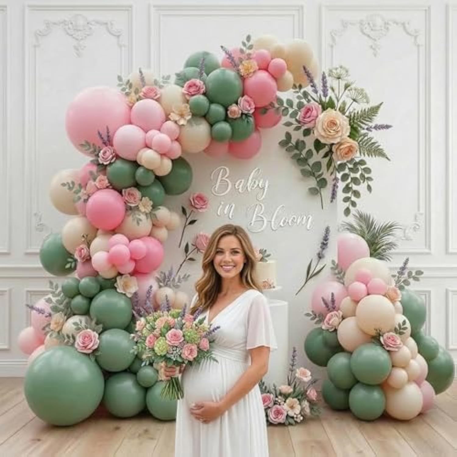 Spring Balloon Arch Kit Baby In Bloom Baby Shower Decorations With Pastel Sage Green Pink Balloon Garland With Huge Flower Mylar Balloons For Boho Baby Girl Birthday Mother'S Day Floral Decor Supplies