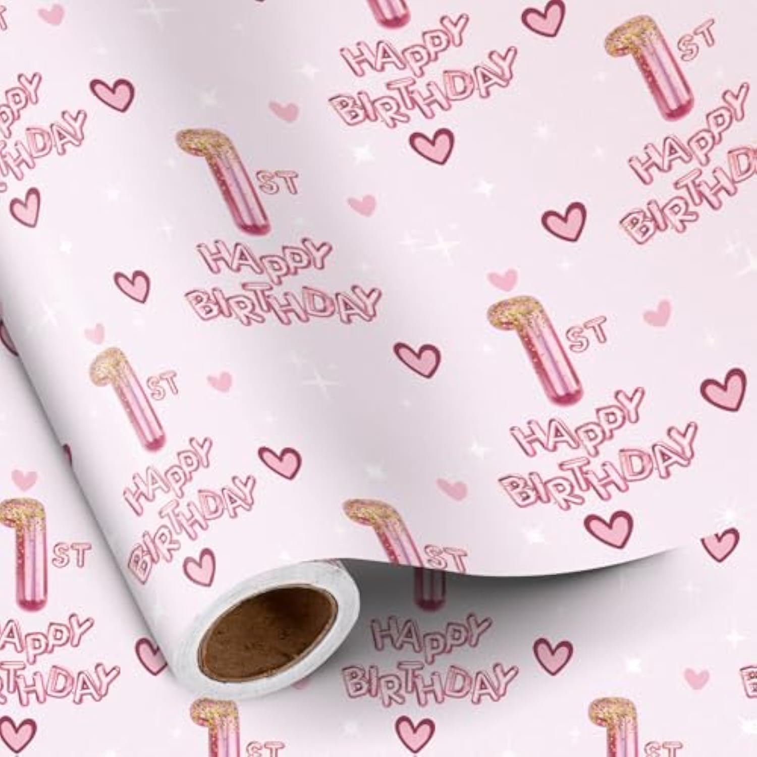 1St Birthday Wrapping Paper Girls, Hearts And Pink Number 1 Balloons Happy Birthday Design, 1 Year Old, Mini Roll, 17 Inches X 16.4 Feet, Perfect For Girls' Birthday Party Gifts