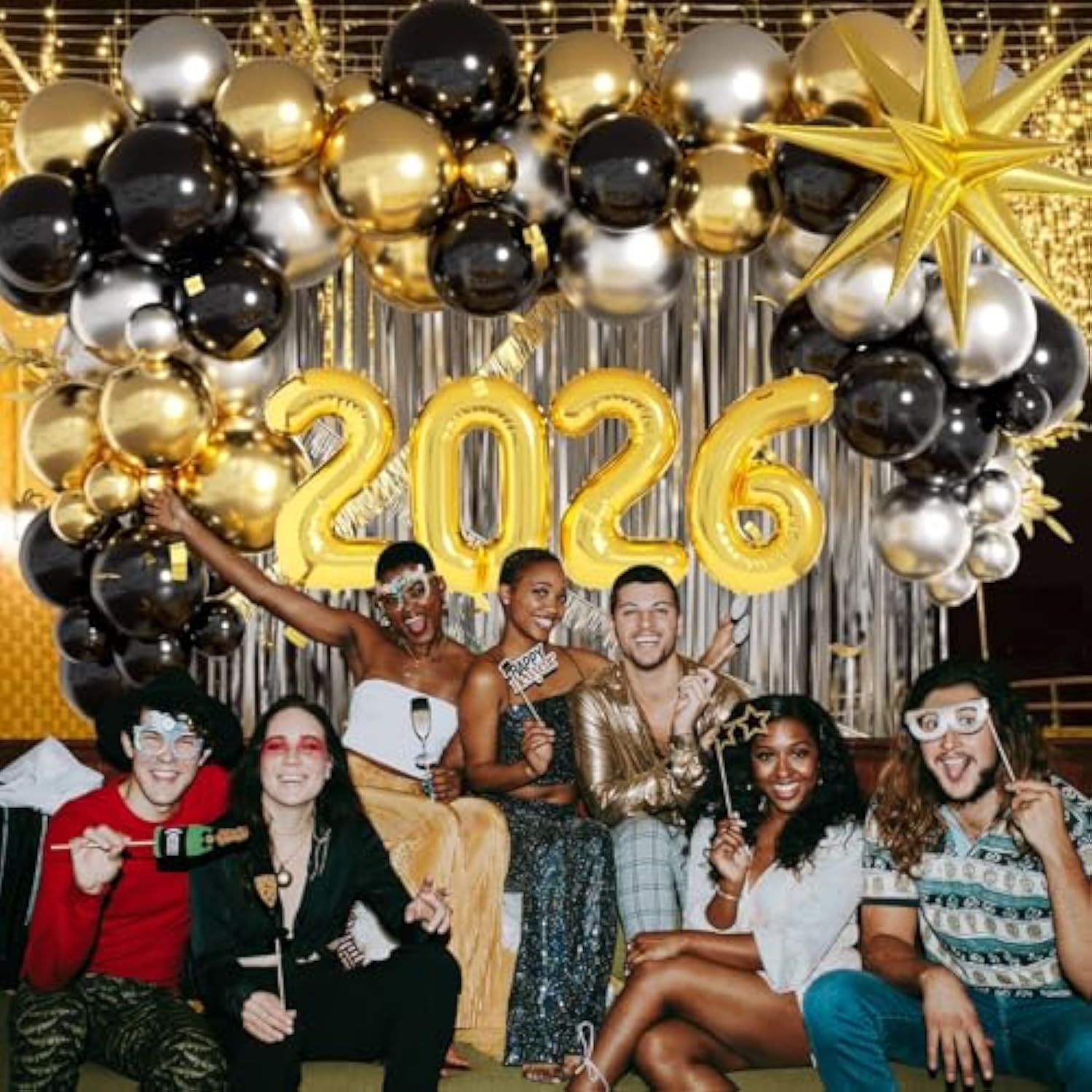 128pcs 2026 New Year Decorations Black Gold Silver Balloons Fringe Backdrop