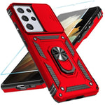Phone Case For Samsung Galaxy S21 Ultra 5G Case With Hd Screen Protector & Slide Camera Cover & Rotated Ring Kickstand, [Military-Grade] [2 In 1] Phone Case For Galaxy S21 Ultra 6.8'', Red