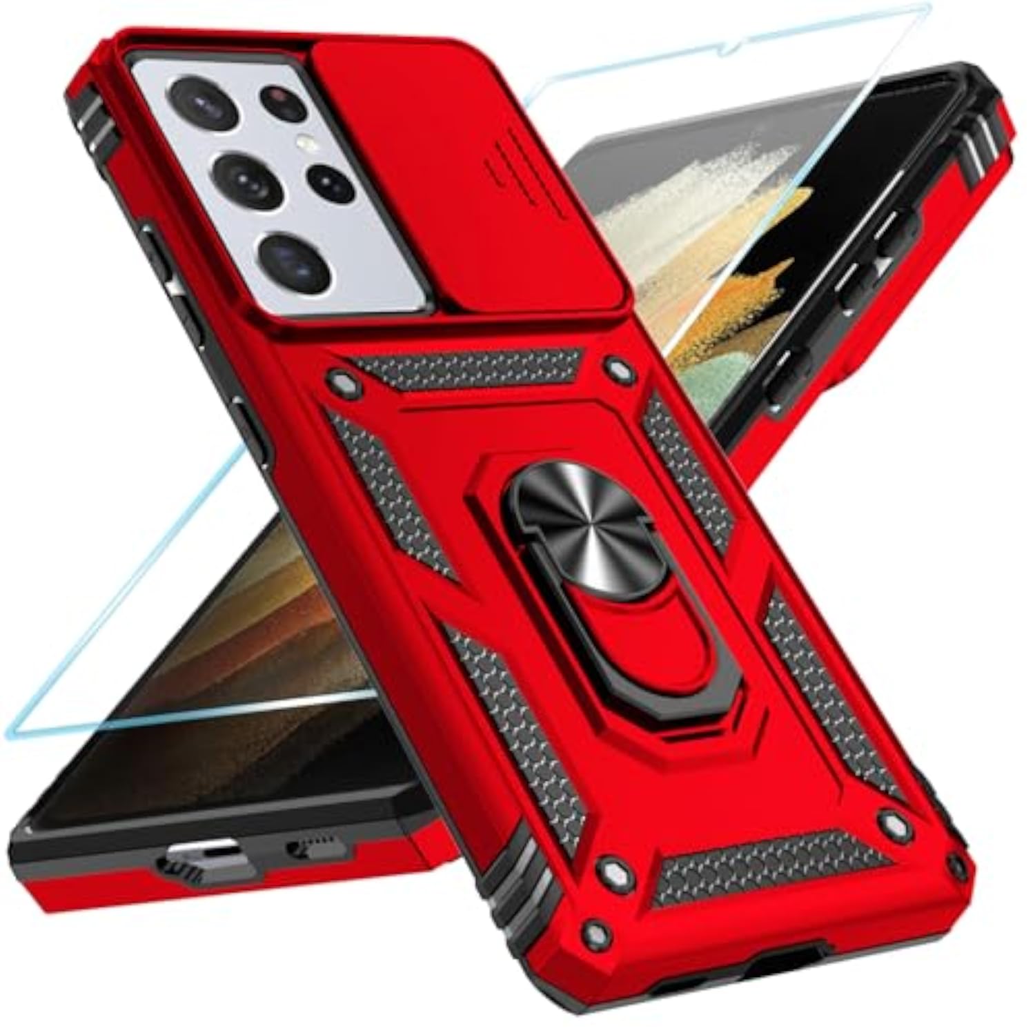 Samsung Galaxy S21 Ultra 5G 2 in 1 Phone Case with HD Screen Protector and Rotated Ring Kickstand, Military-Grade, Red, 6.8 Inch