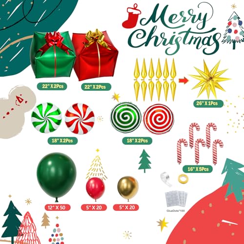 Christmas Tree Balloon Garland Arch Kit with Red Green Gold Balloons, Christmas Gold Starburst, Candy Cane Gift Box Foil Balloons for Winter Xmas Party Decorations