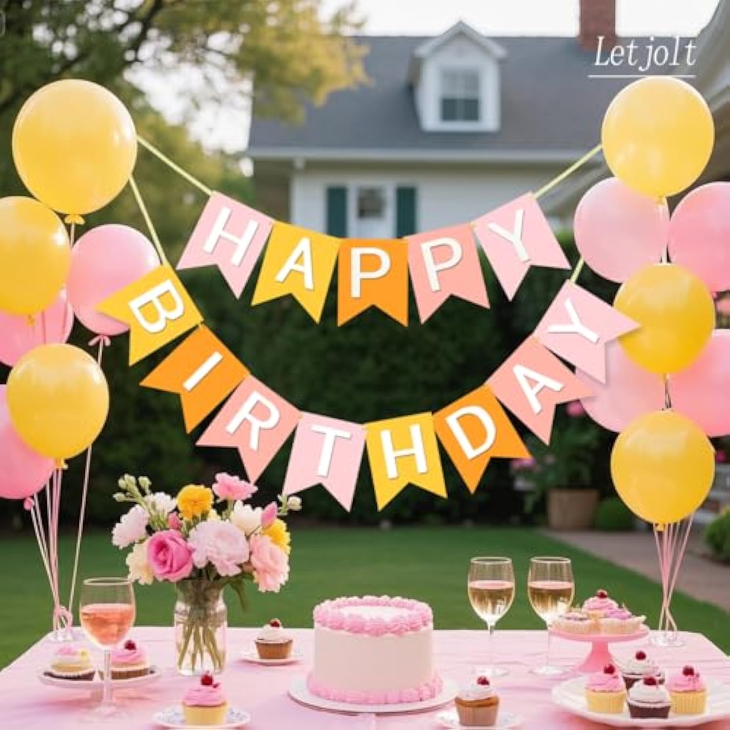 Pink/Orange Happy Birthday Banner Pre-Strung Garland Sign for Girls' Theme Party