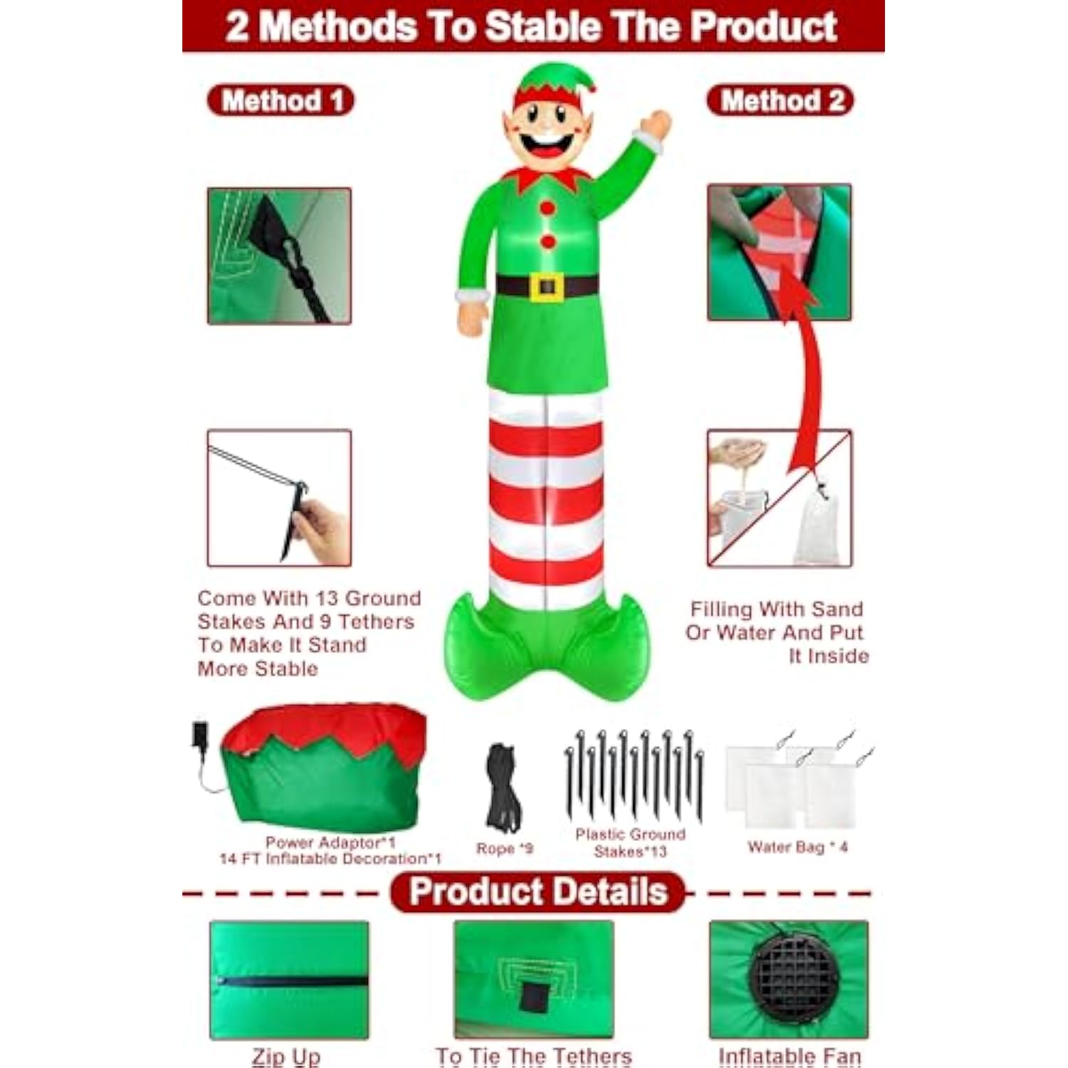 14 Ft Super Tall Christmas Inflatable Elf, Christmas Inflatables Decoration Outdoor Blow Up Giant Santa Elf With Built-I