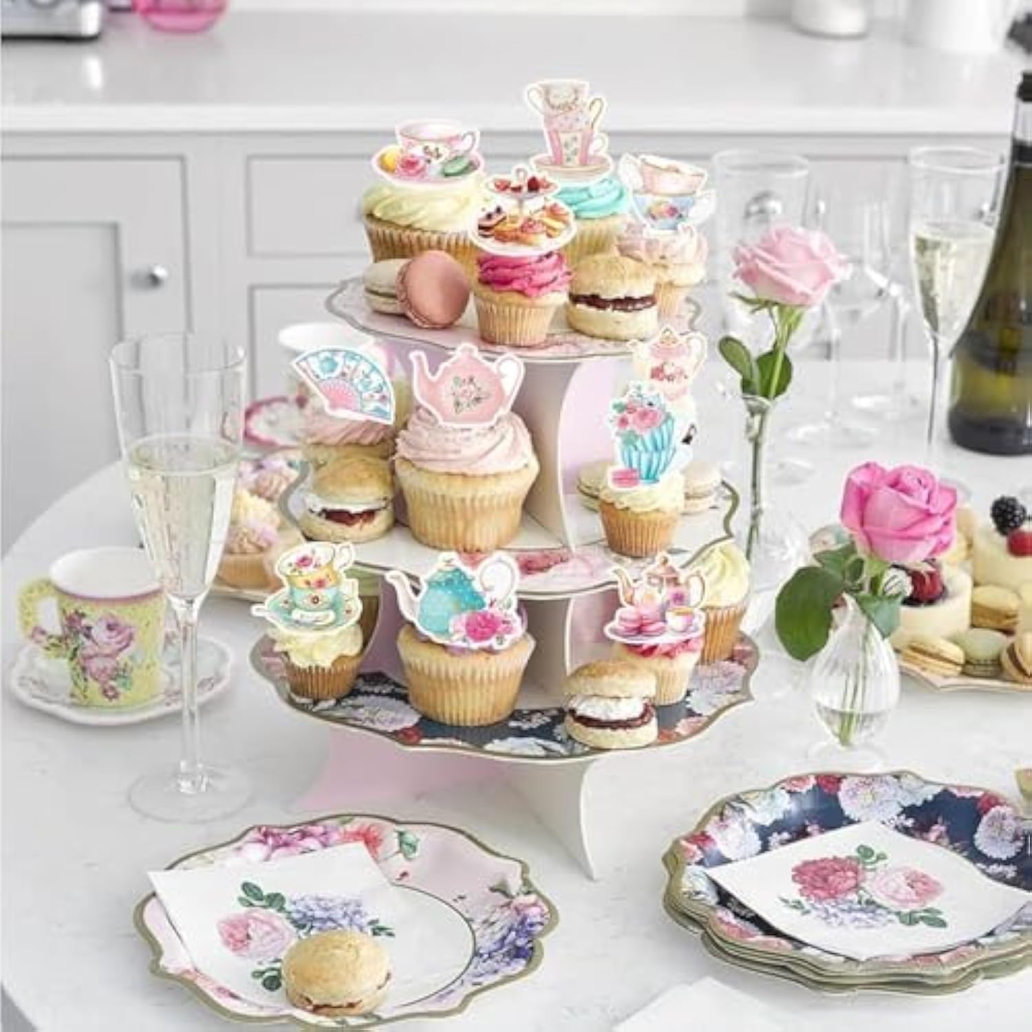 48Pcs Tea Party Paper Cupcake Toppers, Floral Tea Time Tea Party Decorations, Afternoon Tea Themed Birthday Party Cake Picks For Baby Shower Princess Birthday Party Wedding Favors