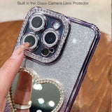 Glitter Mirror Kickstand Case for iPhone 17 Pro Max, Cute Bling Sparkly Rhinestones Diamond Case with Camera Protector & Heart Makeup Mirror Stand Women Girls Cover for iPhone 17 Pro Max, Orange