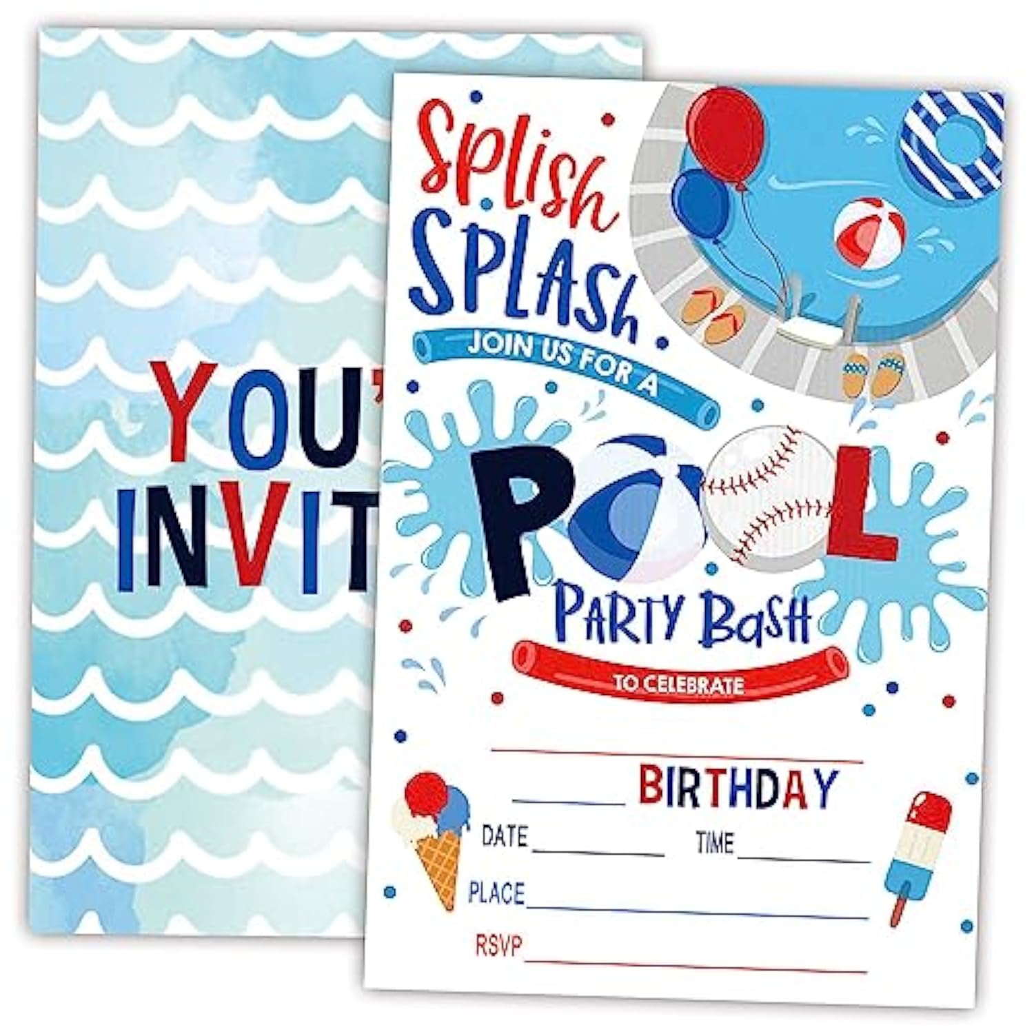 Pool Party Birthday Invitations, Splish Splash Double-Sided Fill-In Invite Cards For Birthday Party, 20 Invitations With Envelopes, Decorations,Party Favor And Supply-A34