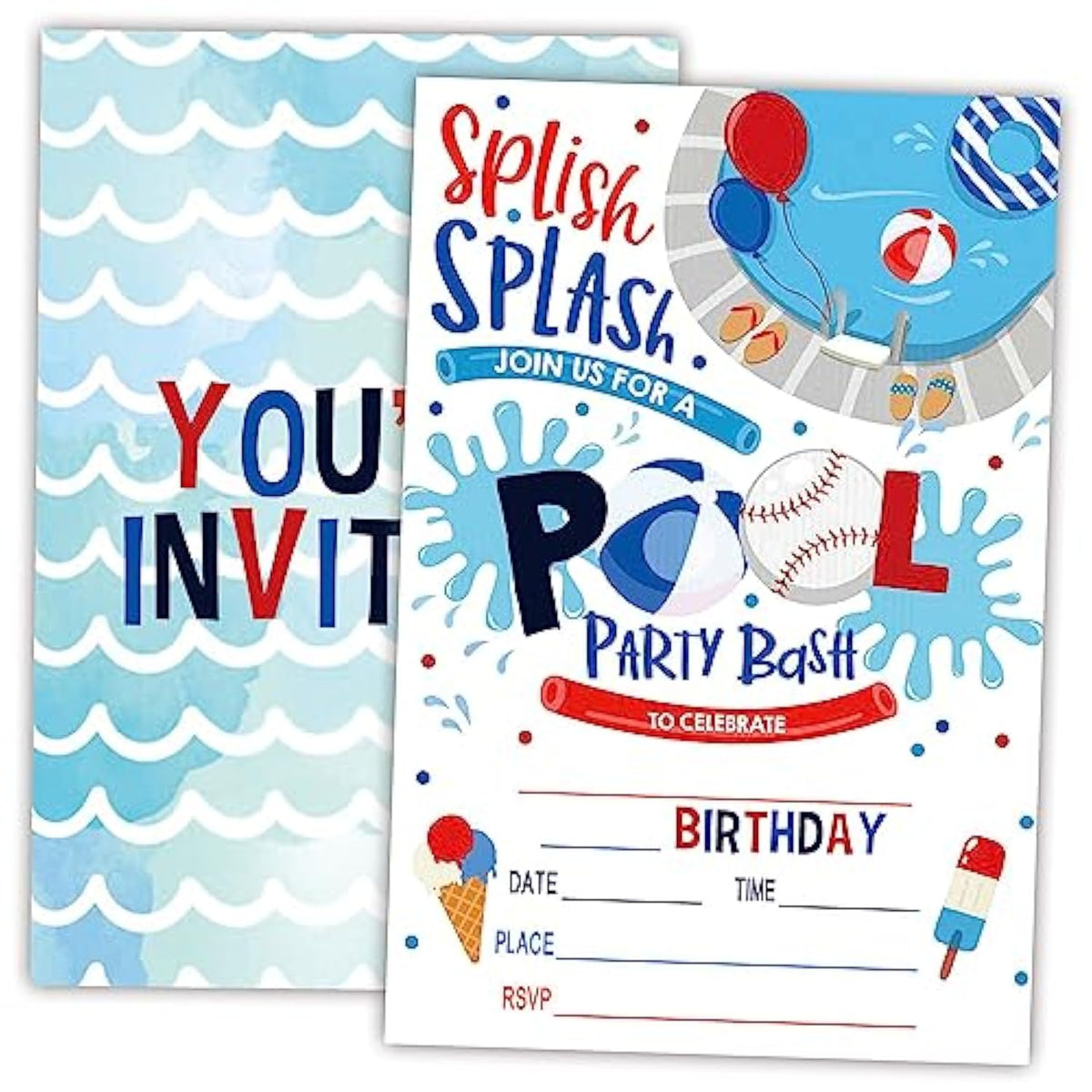 Pool Party Birthday Invitations, Splish Splash Double-Sided Fill-In Invite Cards For Birthday Party, 20 Invitations With Envelopes, Decorations,Party Favor And Supply-A34