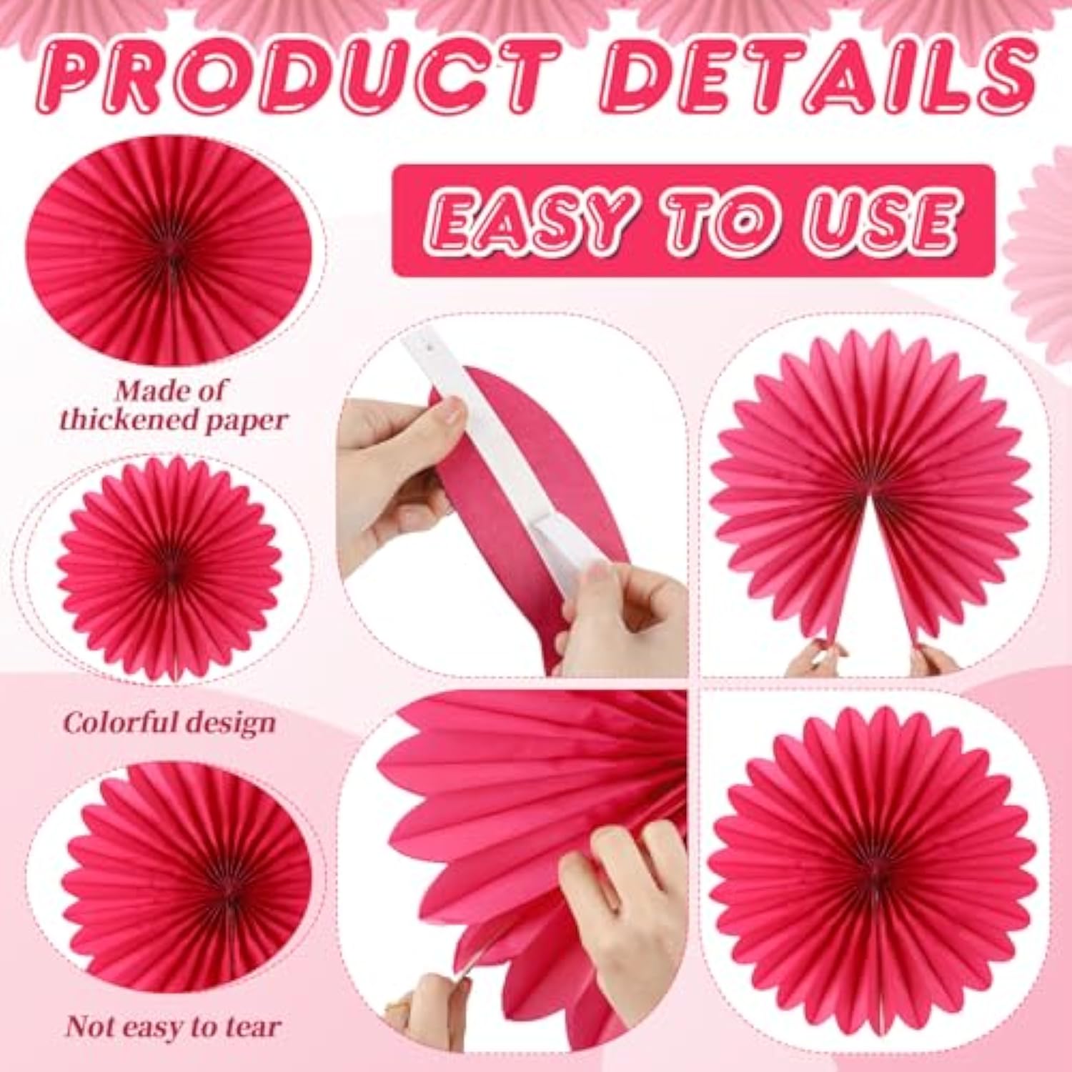12Pcs Paper Fans Hot Pink Party Decorations Tissue Paper Flowers Decorations Paper Fans Party Decorations For Girl Groovy Birthday Baby Shower Wedding Bachelorette Room Wall Hanging Décor