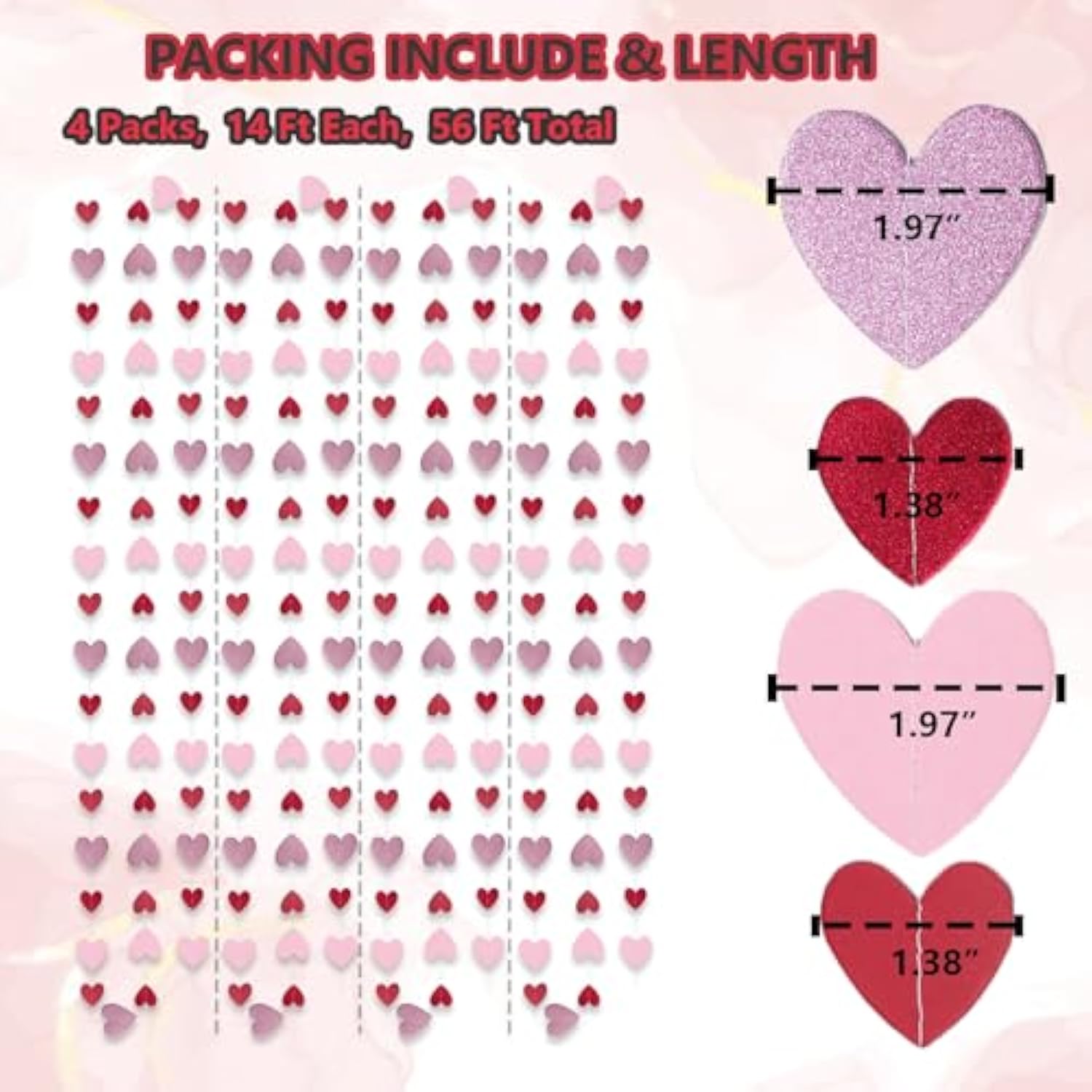 208Pcs Red-Pink Heart-Garland Party Streamers Valentines-Decorations - 56Ft Rose Burgundy Hanging Paper Banner Birthday Sweetheart Baby Shower Galentines Day Photoshoot Props Christmas Decor