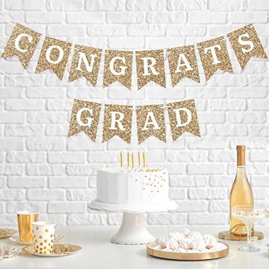 Pre-Strung Congrats Grad Banner - No Diy - Gold Glitter Graduation Party Banner - Pre-Strung Garland On 6 Ft Strand - Gold Grad Congrats Class Of 2025 Party Decorations & Decor. Did We Mention No Diy