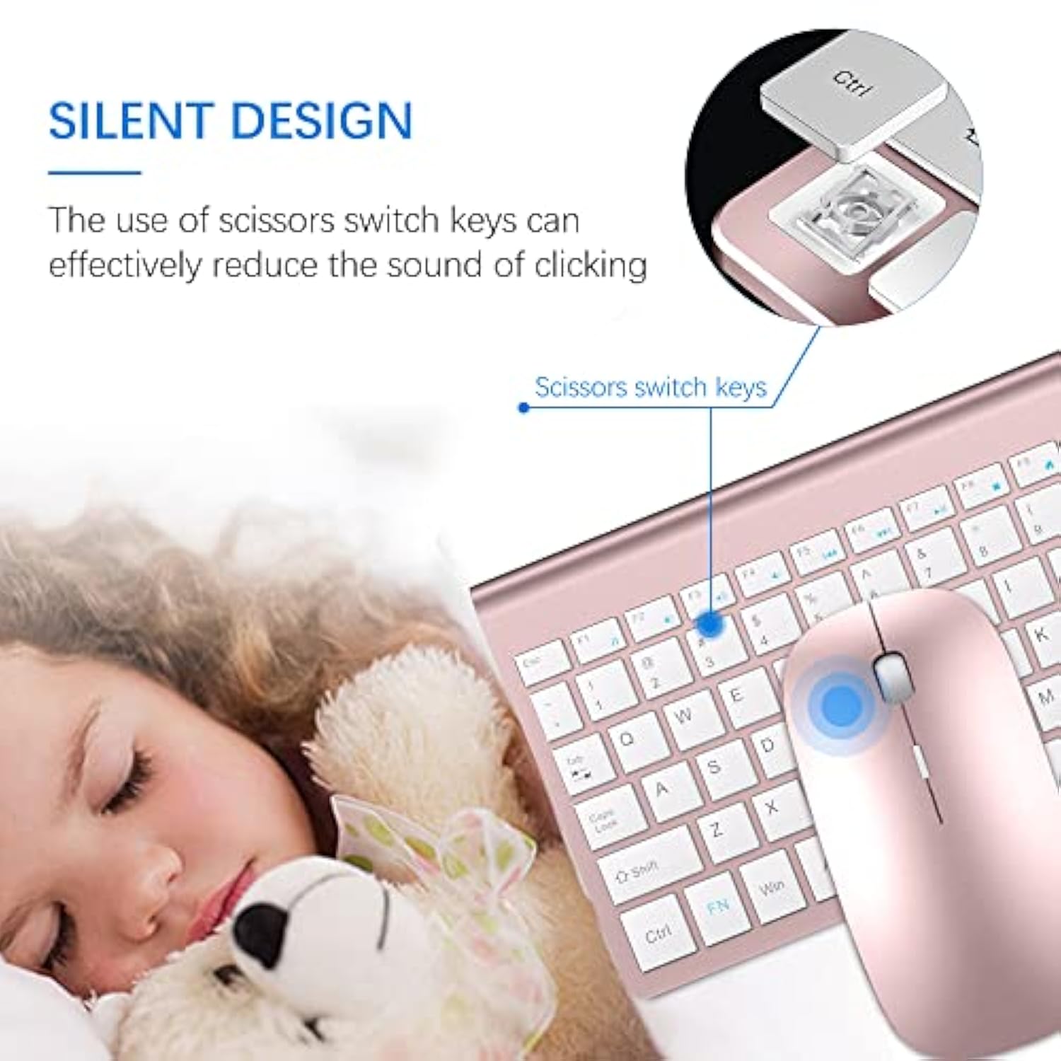 Wireless Keyboard And Mouse Ultra Slim Combo, 2.4G Silent Compact Usb 2400Dpi Mouse And Scissor Switch Keyboard Set With Cover, 2 Aa & 2 Aaa Batteries,For Pc/Laptop/Windows/Mac-Rose Gold White