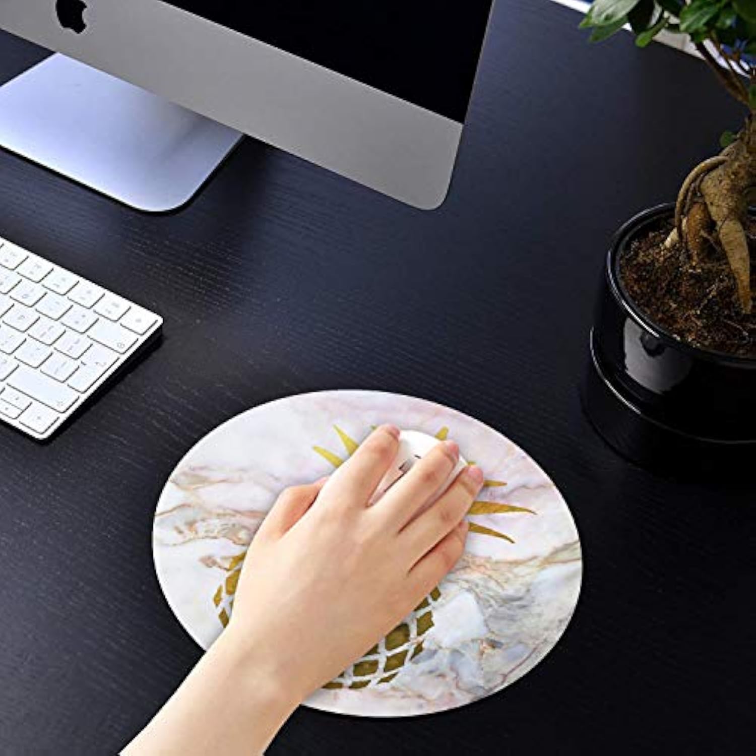 Round Mouse Pad With Coasters Set, Gold Foil Pineapple White Marble Design Mouse Pad Non-Slip Rubber Mousepad Office Accessories Desk Decor Mouse Pads For Computers Laptop