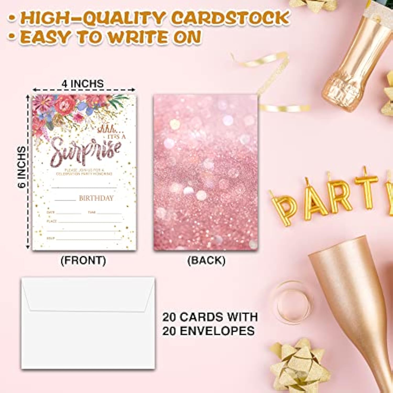 Birthday Party Invitations, Floral Glitter Birthday Invitations, Double-Sided Fill In Birthday Invites, Birthday Party Favors Decorations Supplies, 20 Cards With 20 Envelopes(Invite-A03)