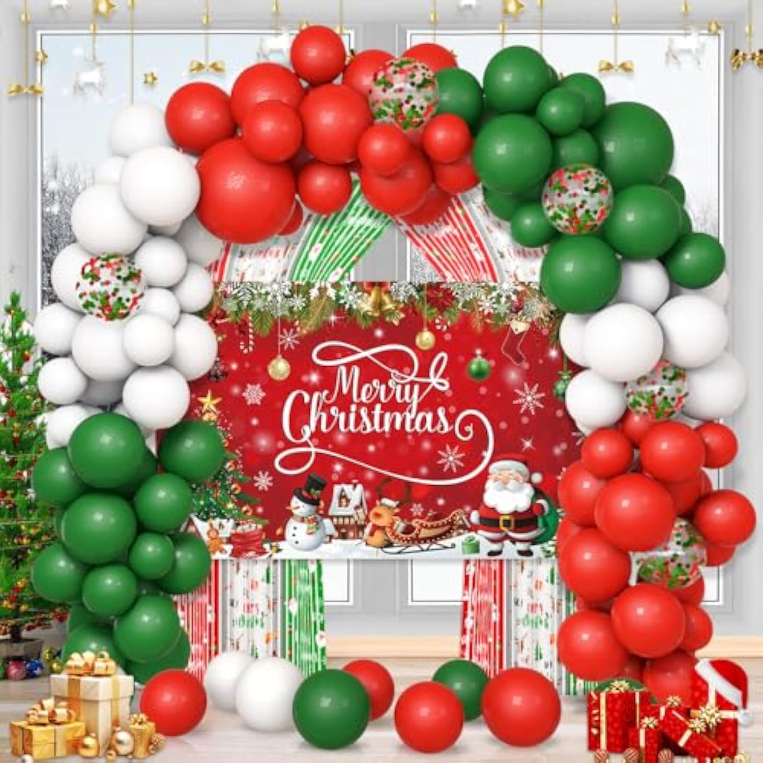 137Pcs Merry Christmas Party Decorations Christmas Balloon Garland Arch Kit Red Green Foil Fringe Curtain Xmas Balloons Decorations Xmas Birthday Backdrop Party Balloons Supplies