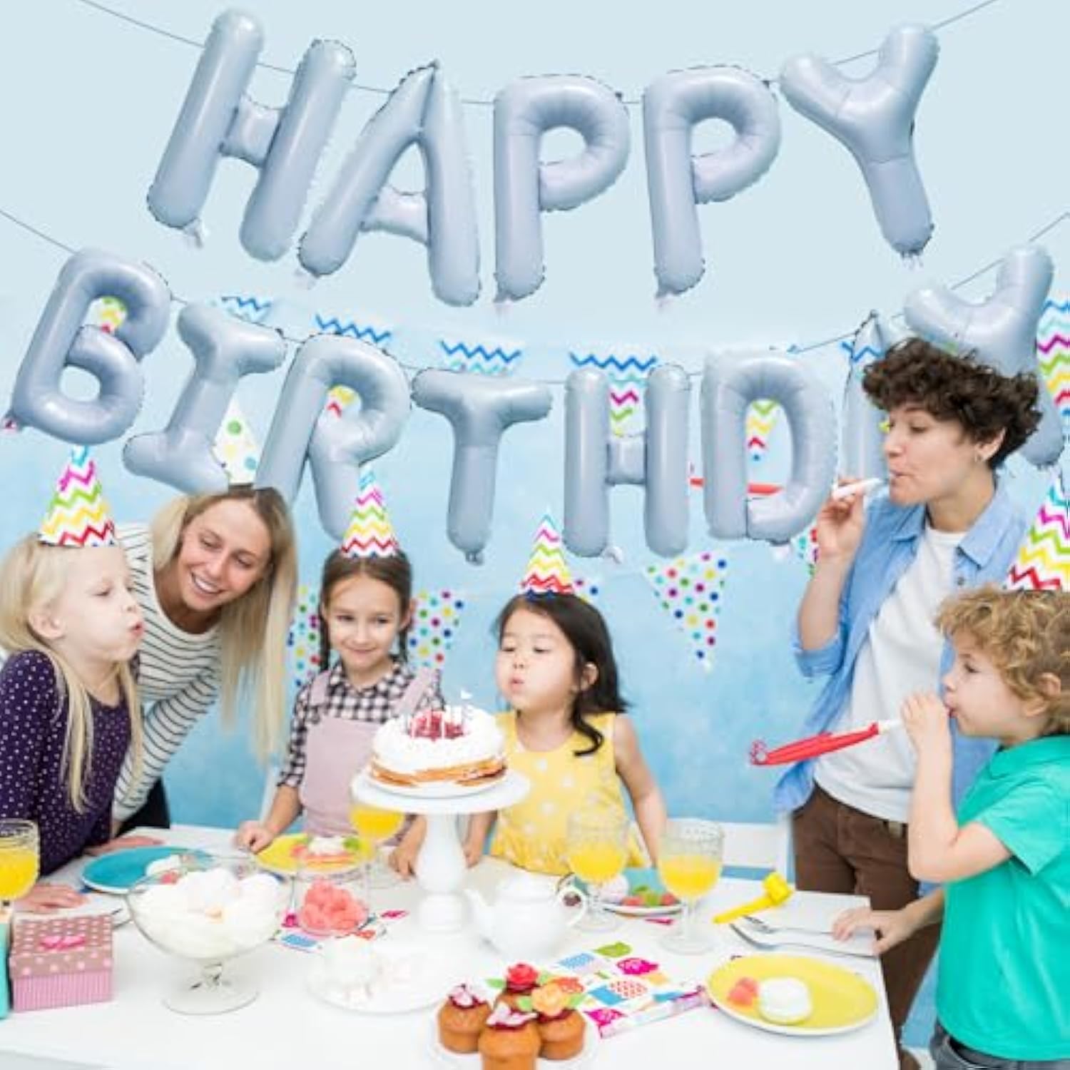 Pastel Blue Happy Birthday Balloons Banner, 16 Inch Mylar Foil Letters Balloon Sign For Birthday Party Decorations Photo Booth Backdrop