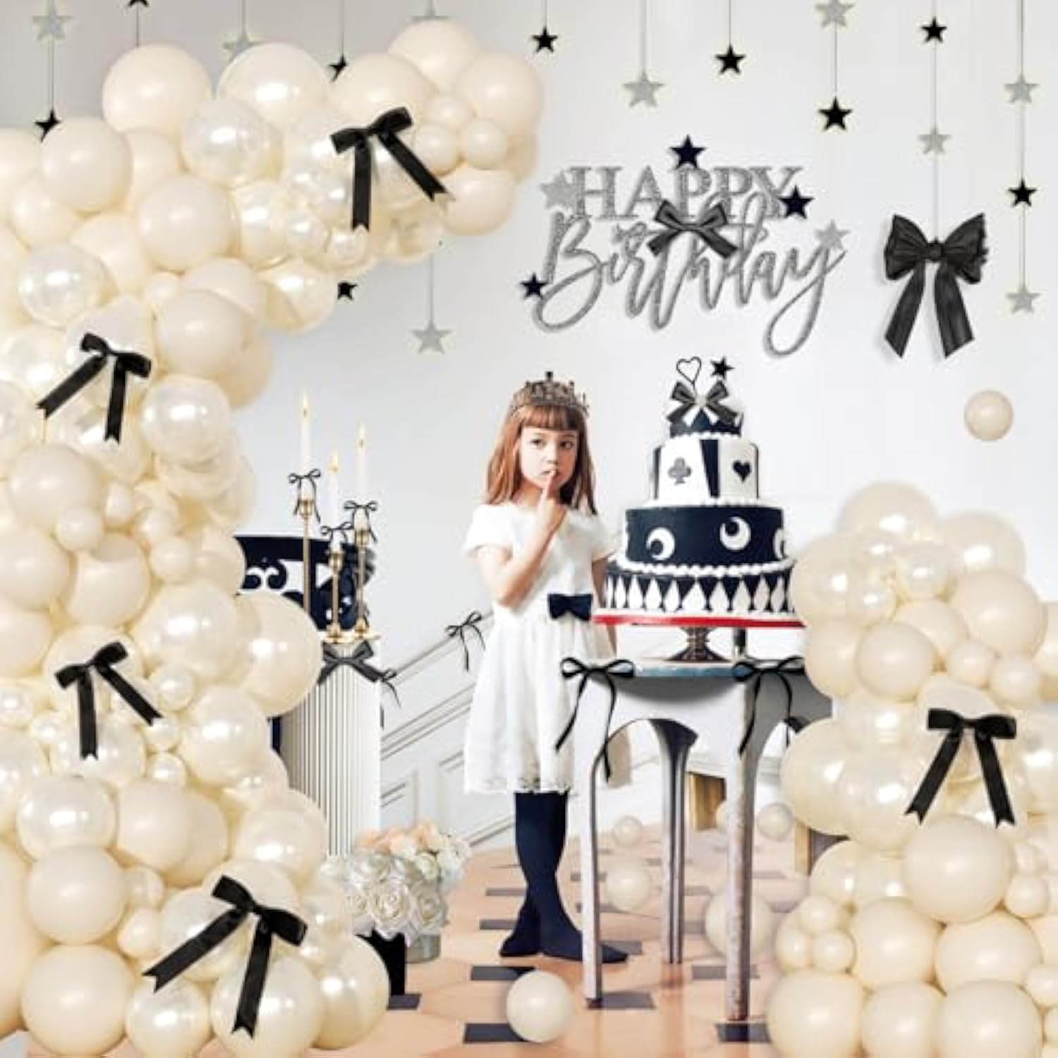 141pcs White Balloon Arch Kit with Pearl White Balloons & Black Bows for Parties