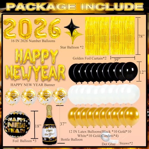 2026 New Years Eve Party Supplies Set, New Year Decorations 2026, Gold Black Party Balloons Supplies Happy New Years Decoration with 2026 Balloons, Happy New Year Banner, Foil Balloons, Fringe Curtain