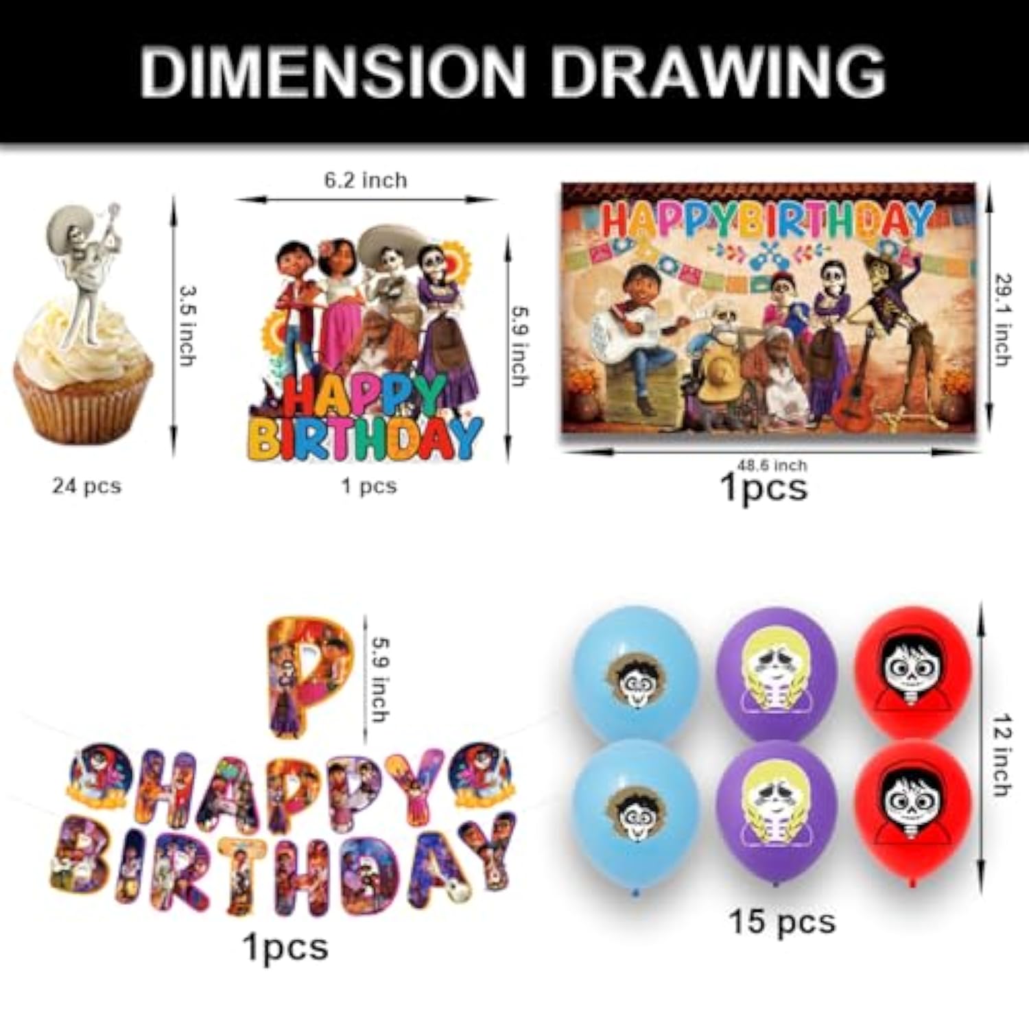 42Pc Coco Birthday Party Supplies Banner, Cupcake Toppers, Backdrop & Balloons