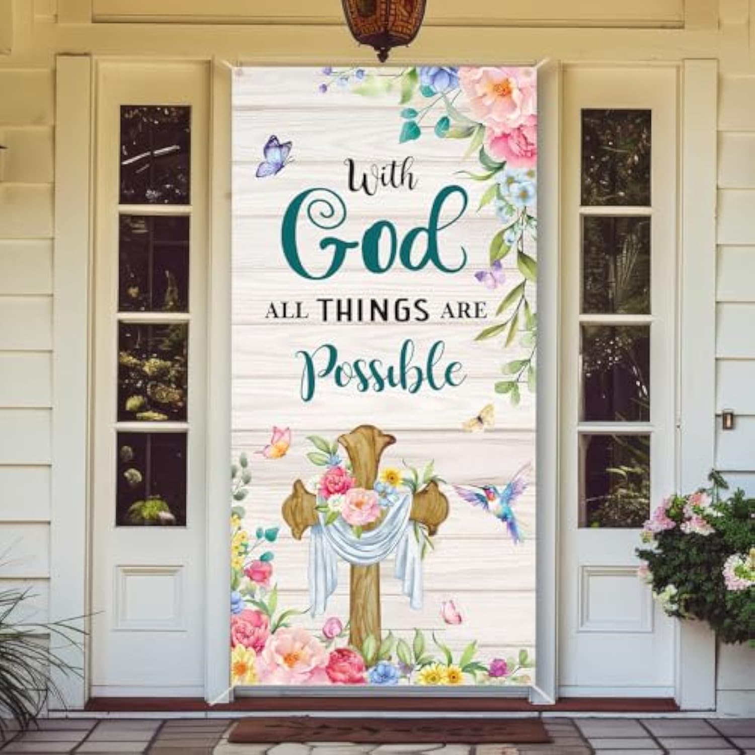 Spring Christian Door Banner With God All Things Are Possible Spring Easter Cross Banner Backdrop For Christian Holiday Photo Prop Booth 3X6Ft
