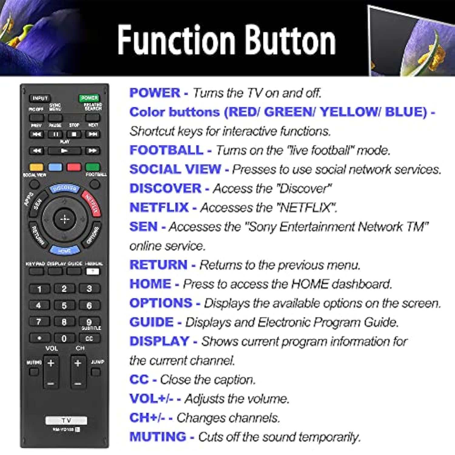 Universal TV Remote for Sony Bravia RM-YD102 RM-YD103 HDTV LCD LED 3D