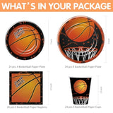 Basketball Party Decorations Tableware - Sports Theme Basketball Birthday Party Supplies, Paper Plate, Cup, Napkin, Tablecloth, Disposable Cutlery, Banner | Serves 24