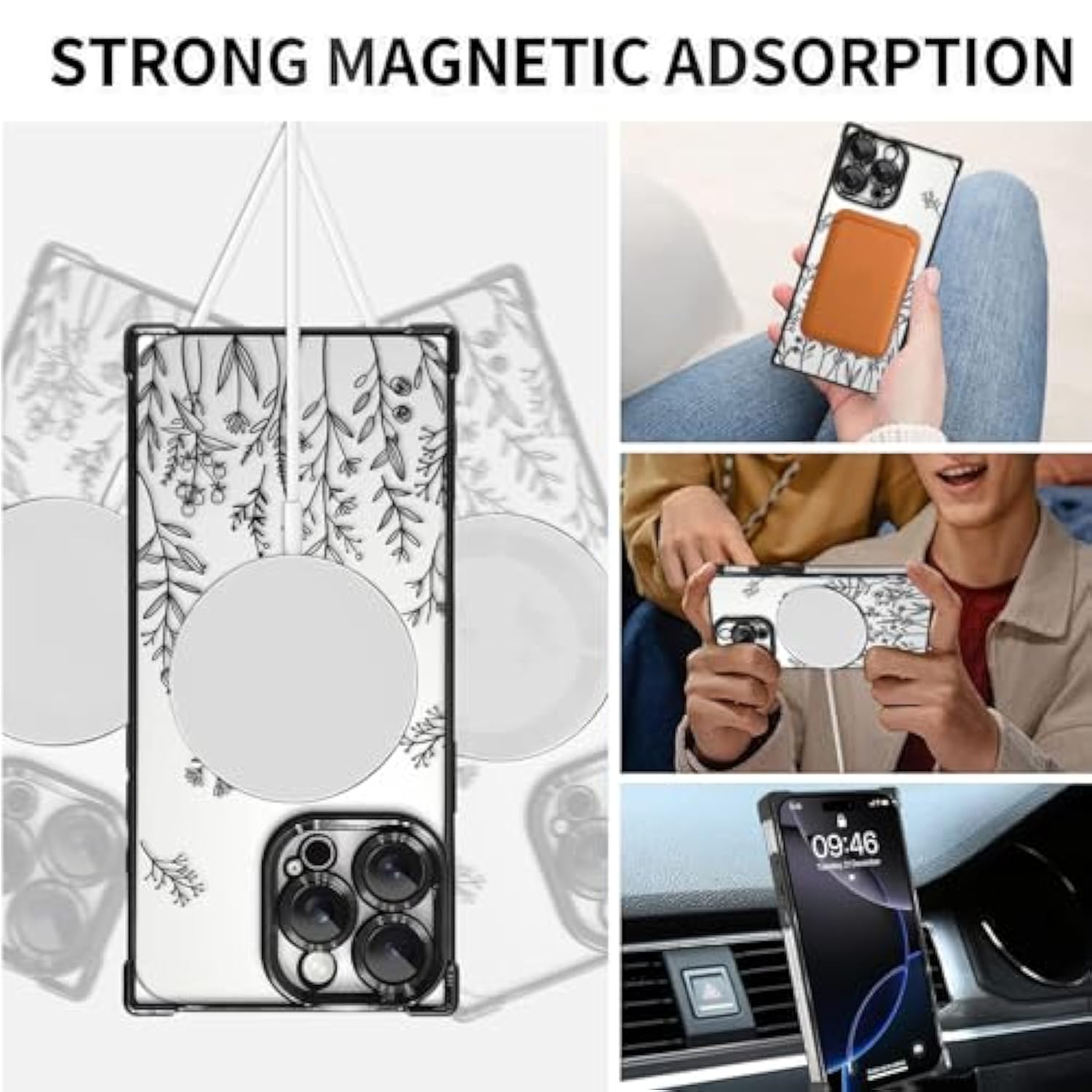 Case For Iphone 16 Pro Max [Compatible With Magsafe] Flower Pattern Design Soft Tpu Anti-Drop Shockproof Protective Slim Luxury Floral Plating Clear Cover - Black