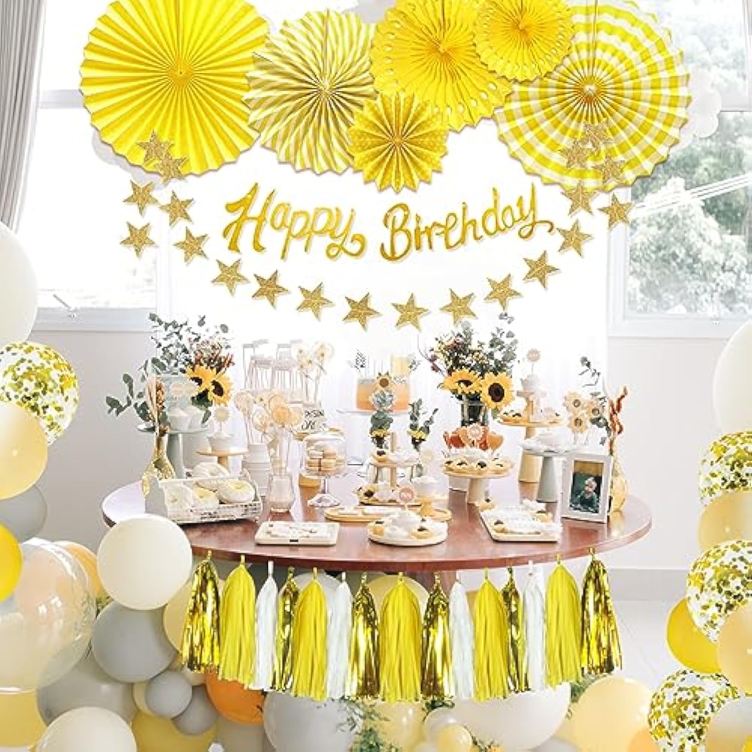 33 Pcs Yellow Birthday Decorations, Banner & Paper Fans for Honeybee, Sunflower Party