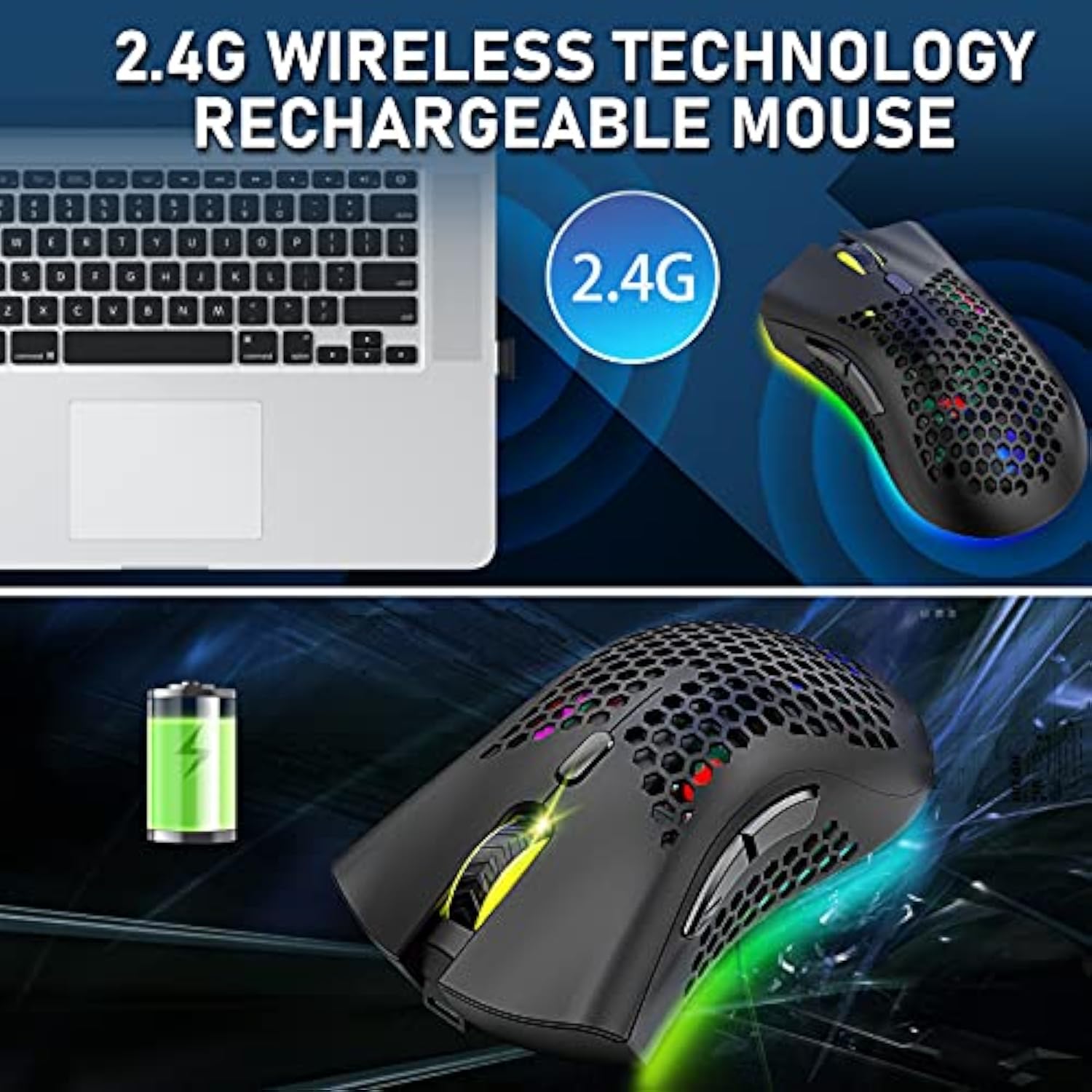 Wireless Lightweight Gaming Mouse Honeycomb with 7 Button Multi RGB Backlit Perforated Ergonomic Shell Optical Sensor Adjustable DPI Rechargeable 800 mAh Battery USB Receiver for PC Mac Gamer(Black)