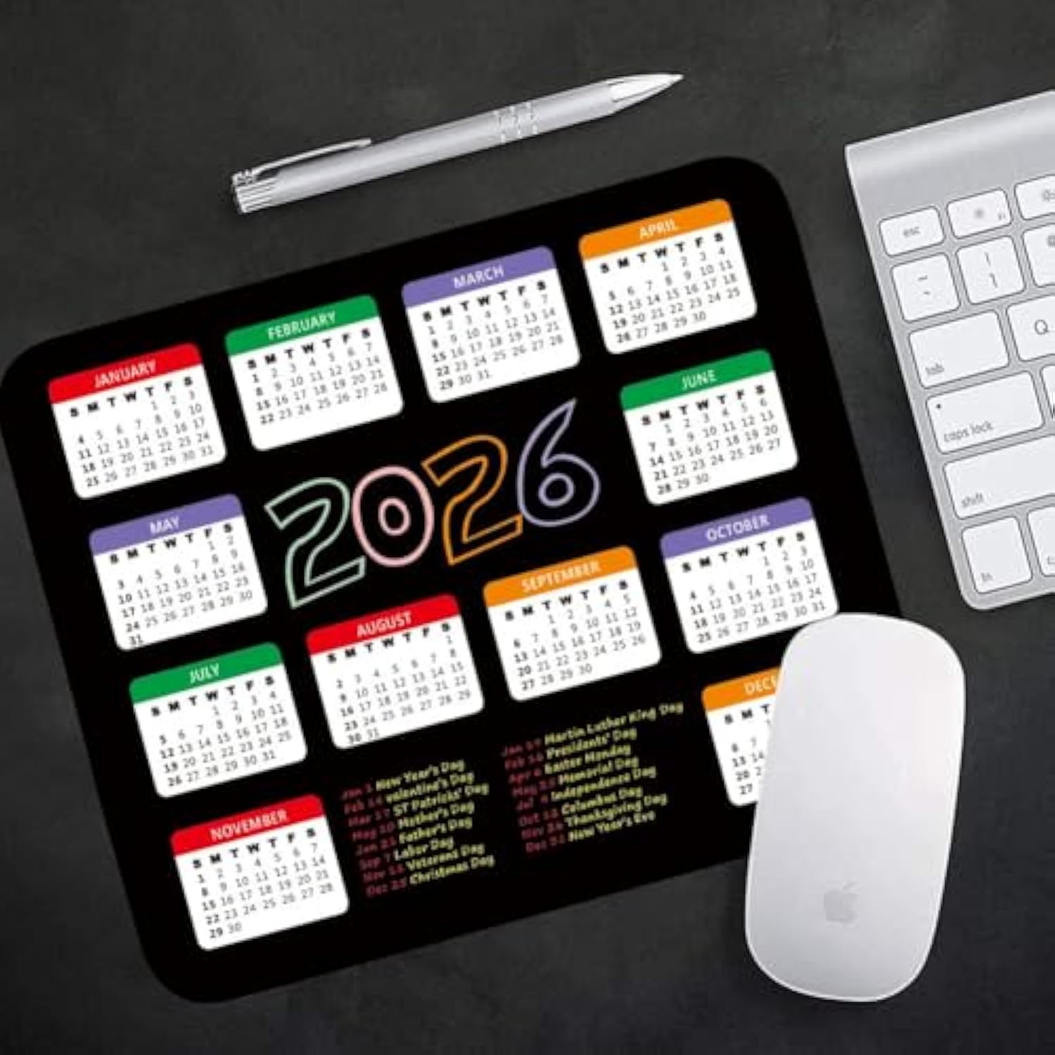2026 Calendar With Holiday Mouse Pad, Gaming Rectangle Mousepad For Computer Laptop Desk Mat,Cute For New Year Office Accessories (9.5 X 7.9 Inch) - Black