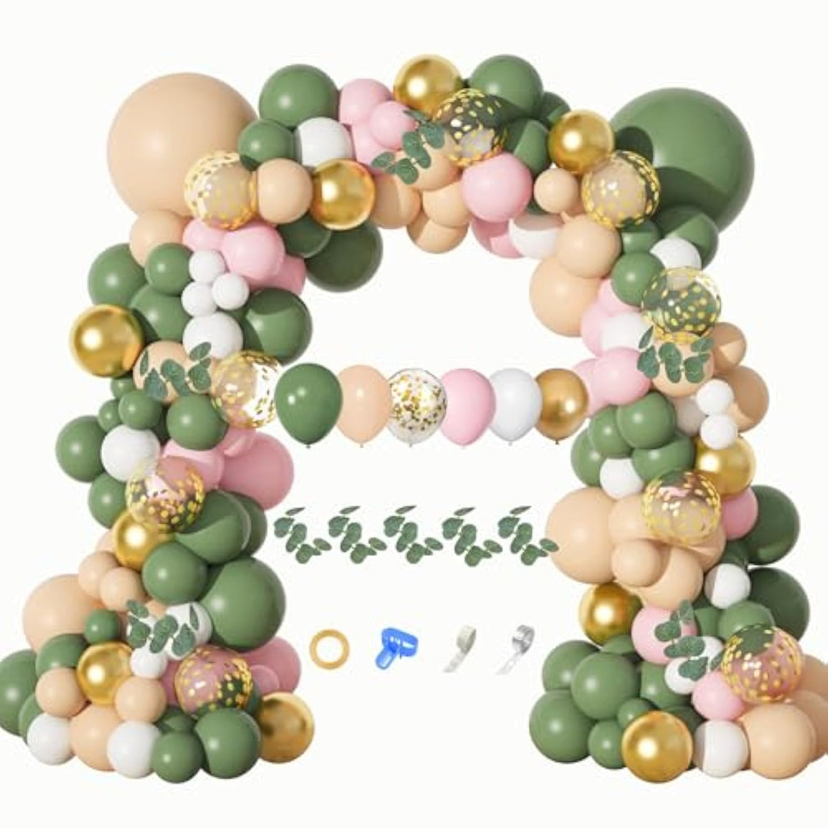 166Pcs Sage Green Balloon Garland Kit – Olive, Peach, Gold Balloons & Eucalyptus for Party Decor