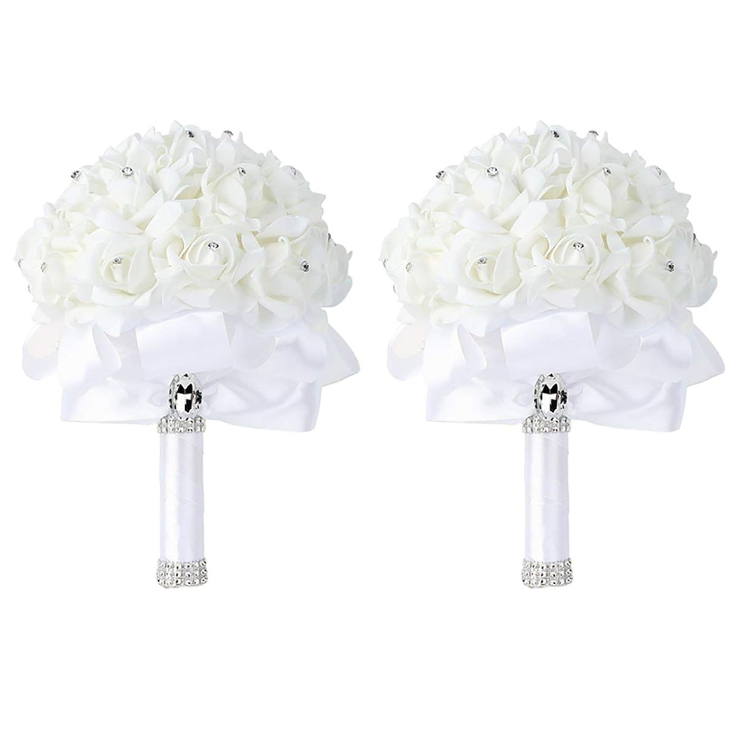 2 Pack Wedding Bouquet Bridal Bridesmaid Holding Flowers Foam Roses Artificial Fake Flower Hand Bouquets With Crystals Soft Ribbons