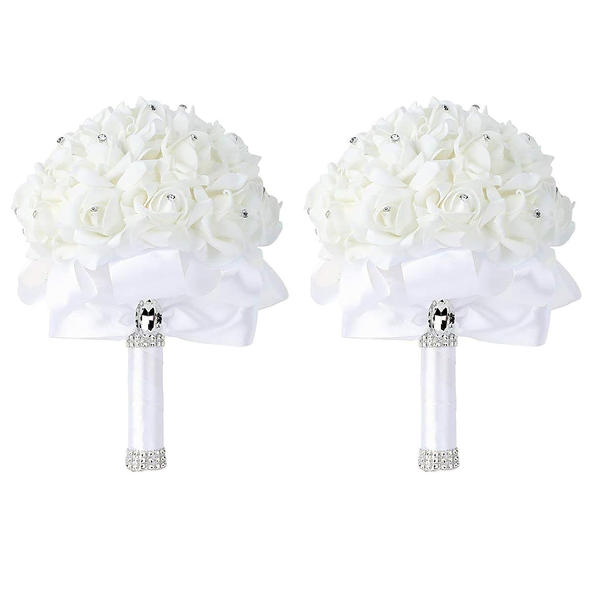 2 Pack Wedding Bouquet Bridal Bridesmaid Holding Flowers Foam Roses Artificial Fake Flower Hand Bouquets With Crystals Soft Ribbons