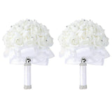 2 Pack Wedding Bouquet Bridal Bridesmaid Holding Flowers Foam Roses Artificial Fake Flower Hand Bouquets With Crystals Soft Ribbons
