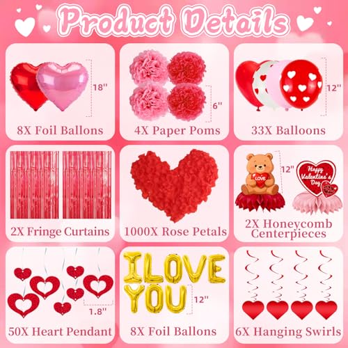 Valentines Day Decor Kit, Happy Anniversary Decorations with I Love You Balloons 1000Pcs Silk Red Rose Petals Romantic Heart Balloon for Wedding Anniversary Valentines Day Decorations