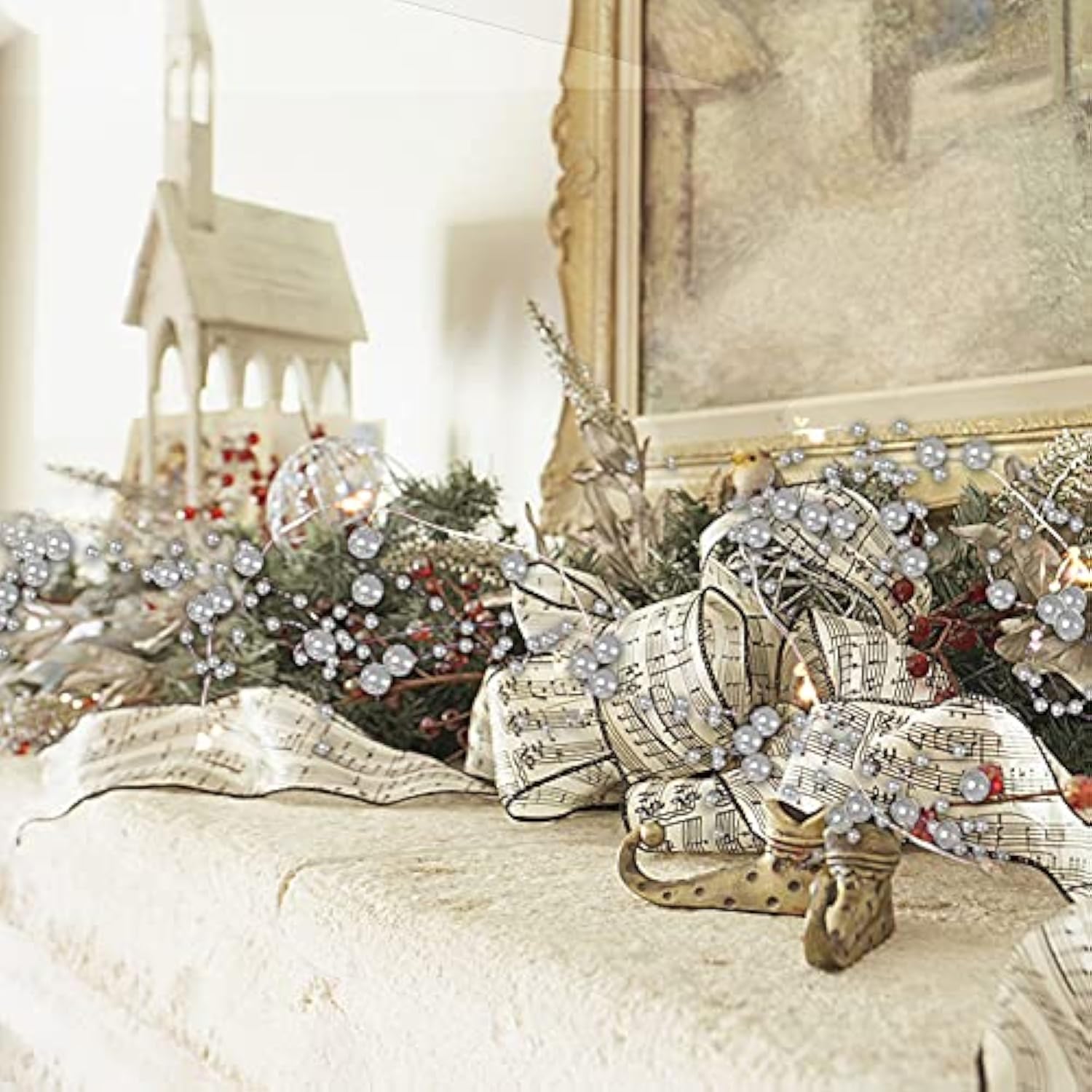 13Ft Christmas White Pearl String Lights 40Led Lighted Berry Beaded Garland Festive Indoor Xmas Decoration Warm Lights F