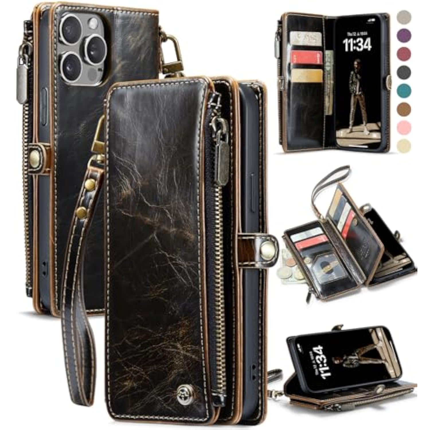 Compatible With Iphone 12 Pro Max Case Wallet With Rfid Blocking Card Holder For Women Men, Pu Leather Magnetic Snap Flip Zipper Strap Wallet Phone Case Fit For Iphone 12 Pro Max 6.7, Coffee