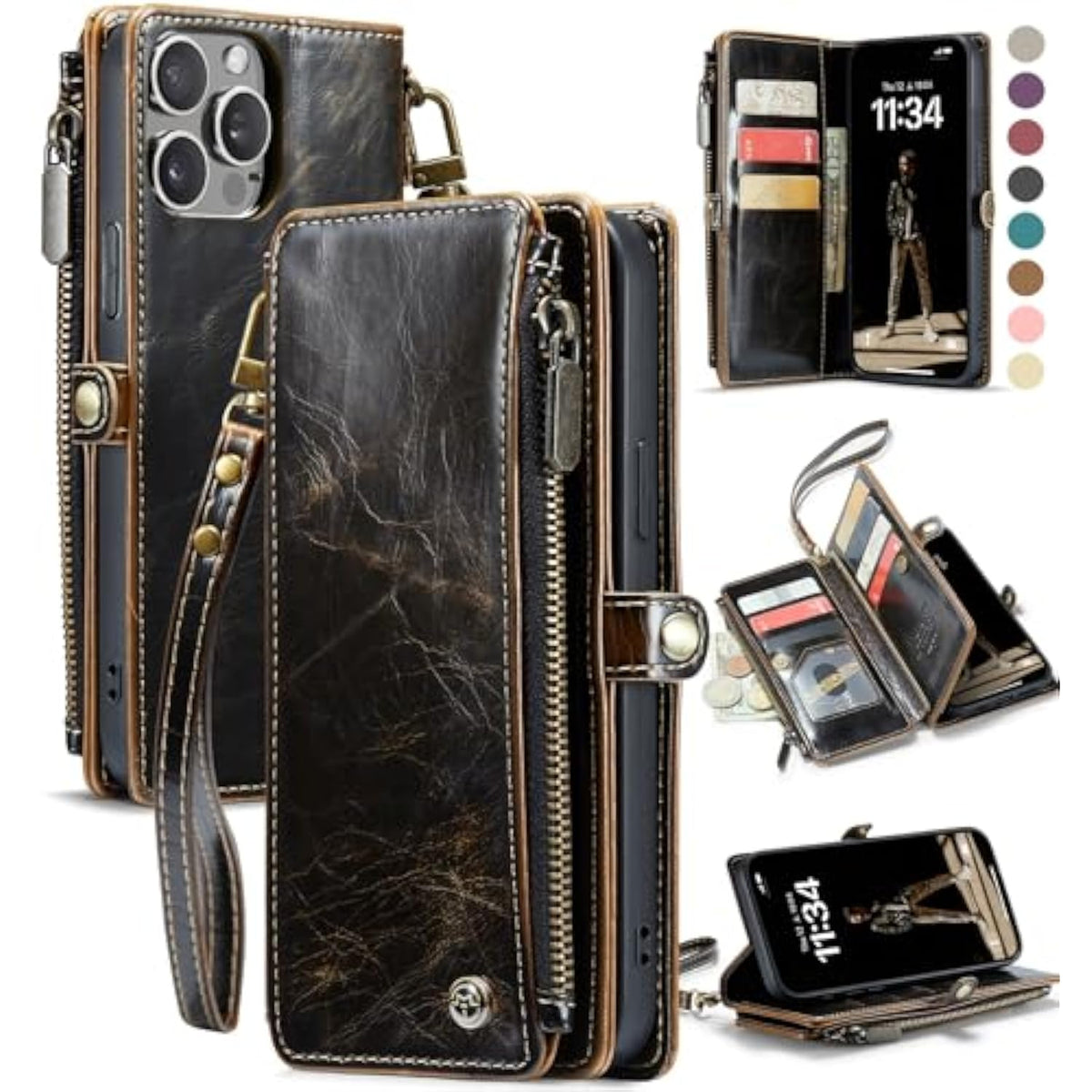 Compatible With Iphone 12 Pro Max Case Wallet With Rfid Blocking Card Holder For Women Men, Pu Leather Magnetic Snap Flip Zipper Strap Wallet Phone Case Fit For Iphone 12 Pro Max 6.7, Coffee