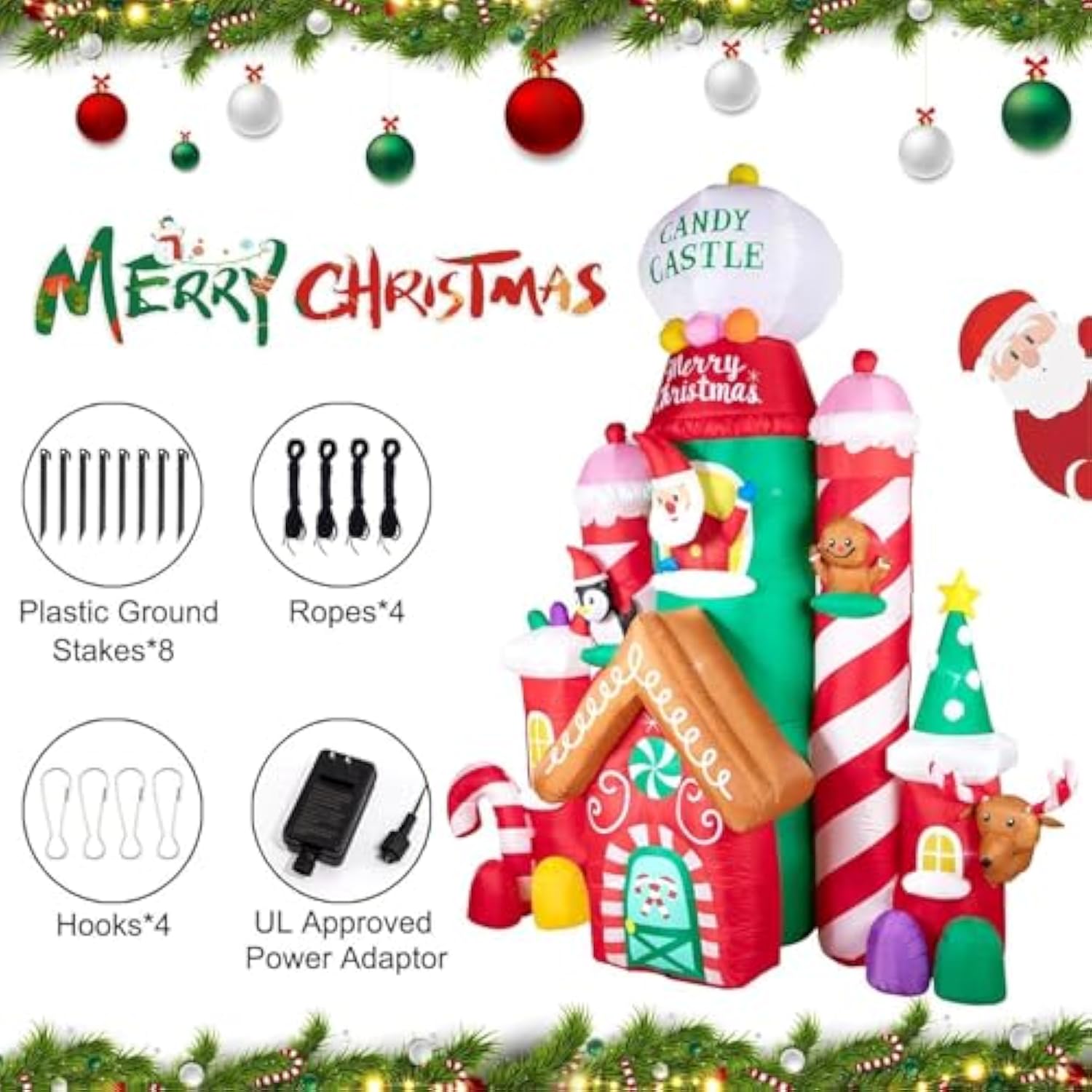 10Ft Christmas Castle Inflatable - Christmas Inflatables Castle Candy Santa Reindeer Gingerbread Penguin With Colorful L