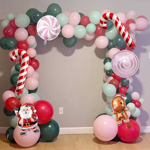 Christmas Balloons Garland Arch Kit, Pastel Pink Green Red Blue Candy Cane Balloon Sweet Lollipop Gingerbread Foil Balloon for Christmas New Year Birthday Xmas Holiday Cookie Exchange Party Decoration