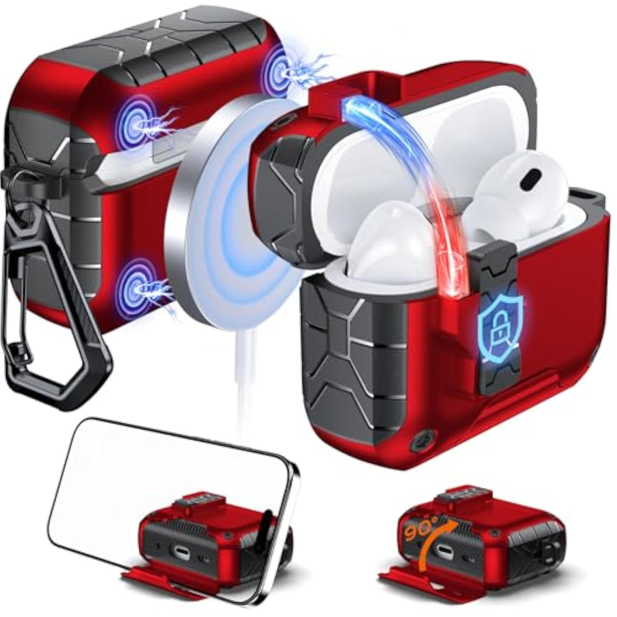 Magarmor Auto-Open For Airpods Pro 2Nd/1St Gen Case With Built-In Magnets, [One-Press Auto-Open] [Compatible With Mag-Safe Charging], Full-Body Mil-Grade Protective With Air-Al Carabiner Red