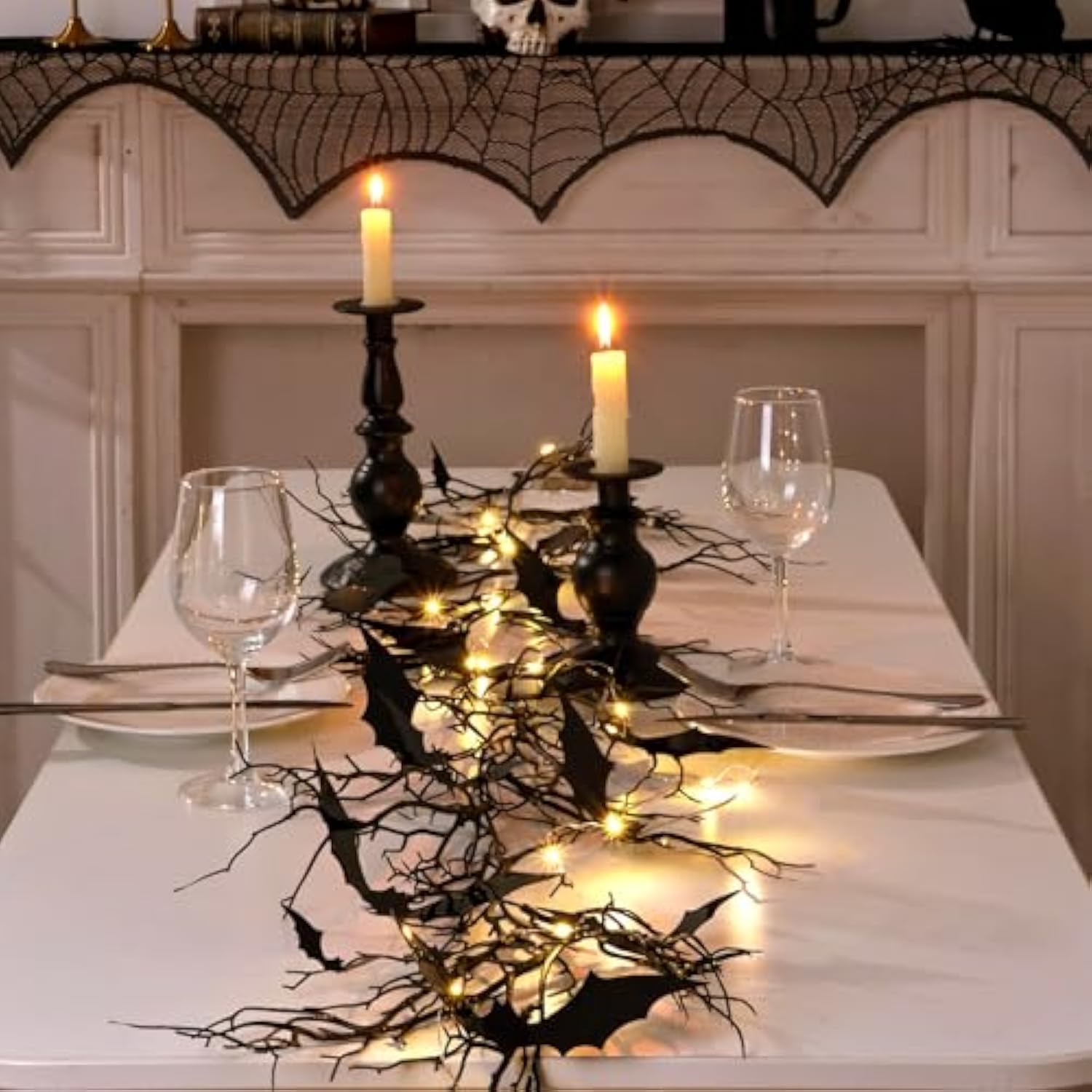 Gothic Halloween Banner: 1Pc Haunted Bat Dark Dead Branch Halloween Party Banner With Led Lights, Decorative Bat Vine Twig Garland Decorations For Home Wall Mantel Doorways Front Decor